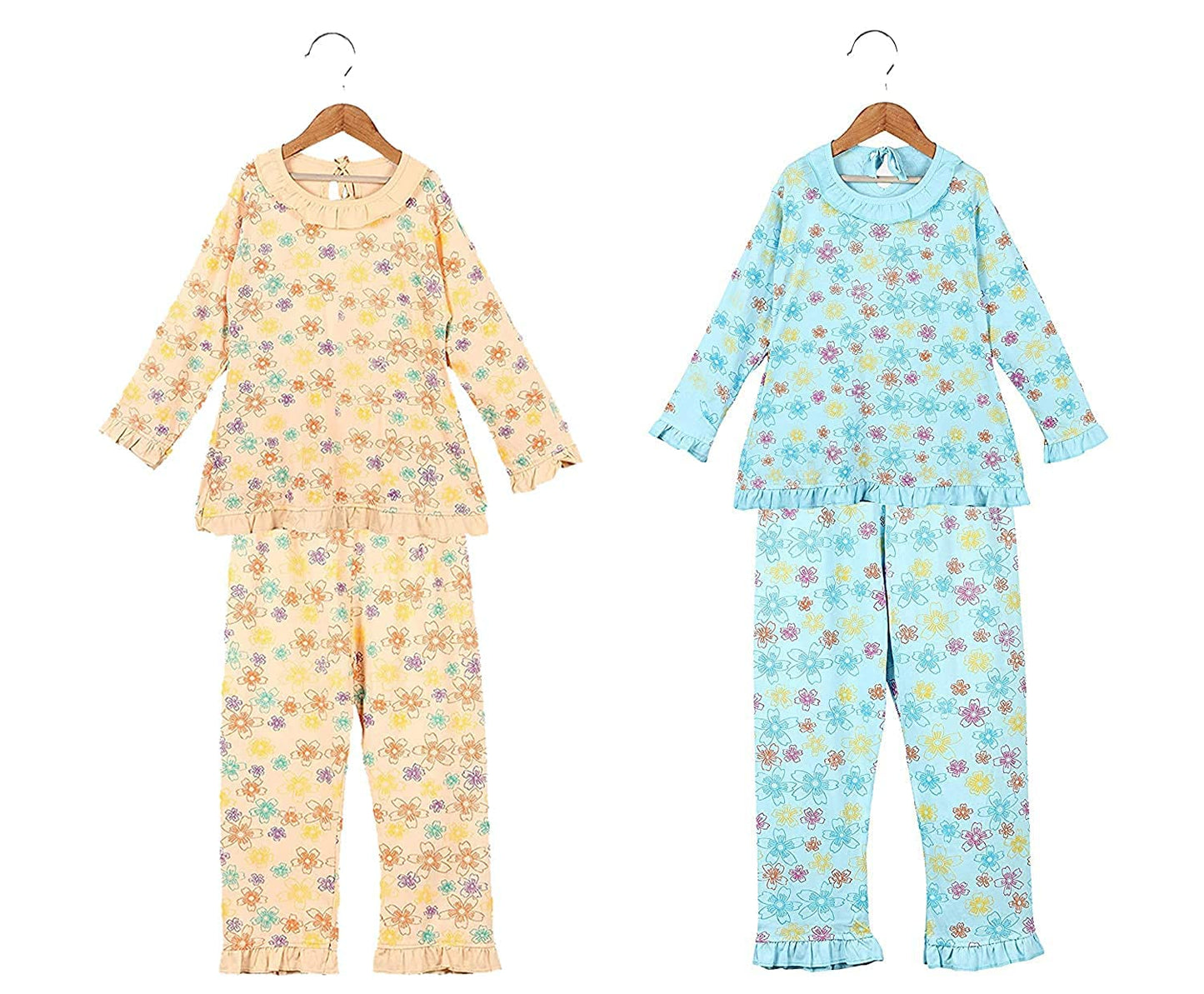 AVK Creations Girls Cotton AllOver Print Top and Pyjama Set (Pack of 2)  Soft & Comfortable Pajama Set for Girls, Peach & Sky