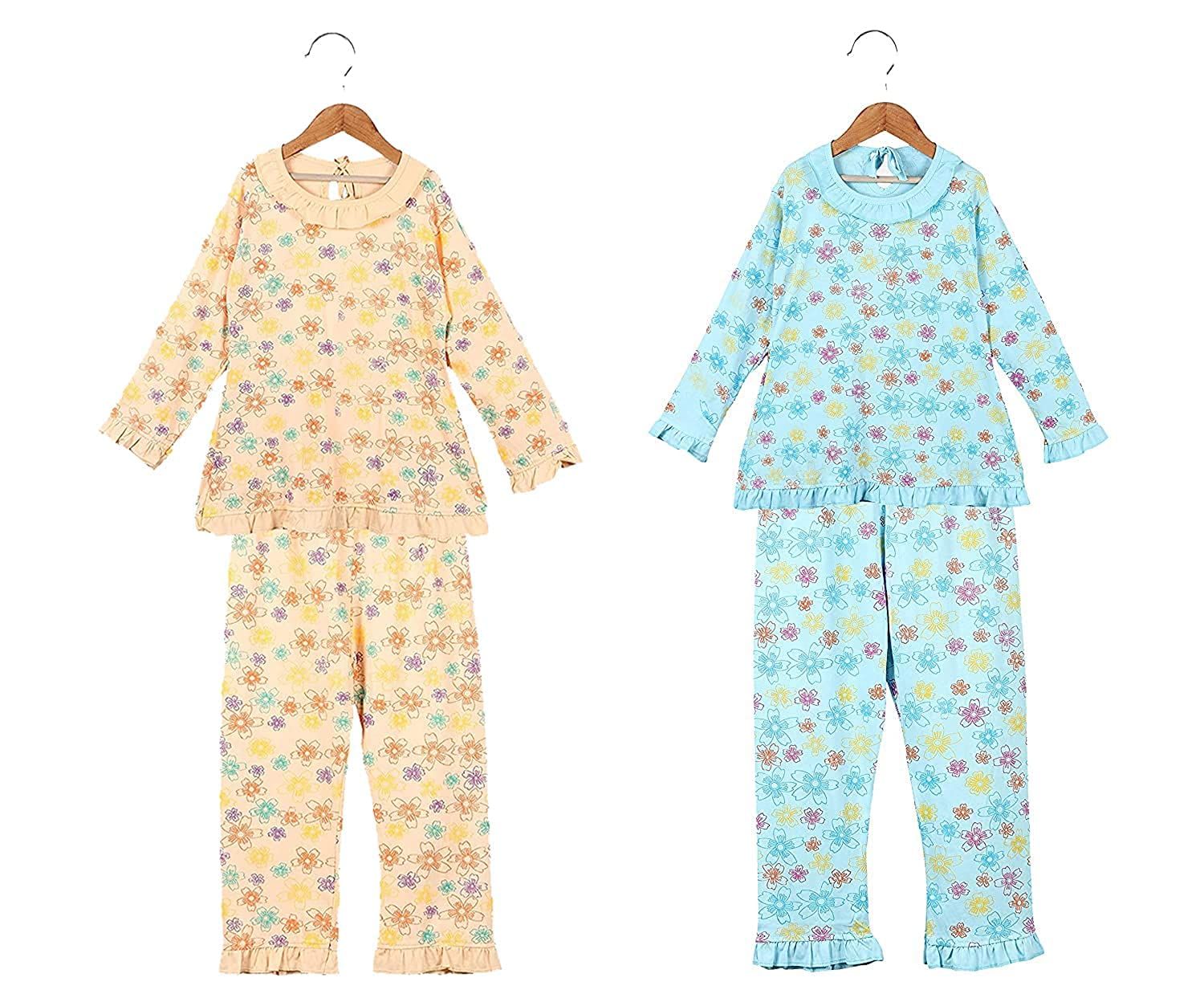 AVK Creations Girls Cotton AllOver Print Top and Pyjama Set (Pack of 2)  Soft & Comfortable Pajama Set for Girls, Peach & Sky