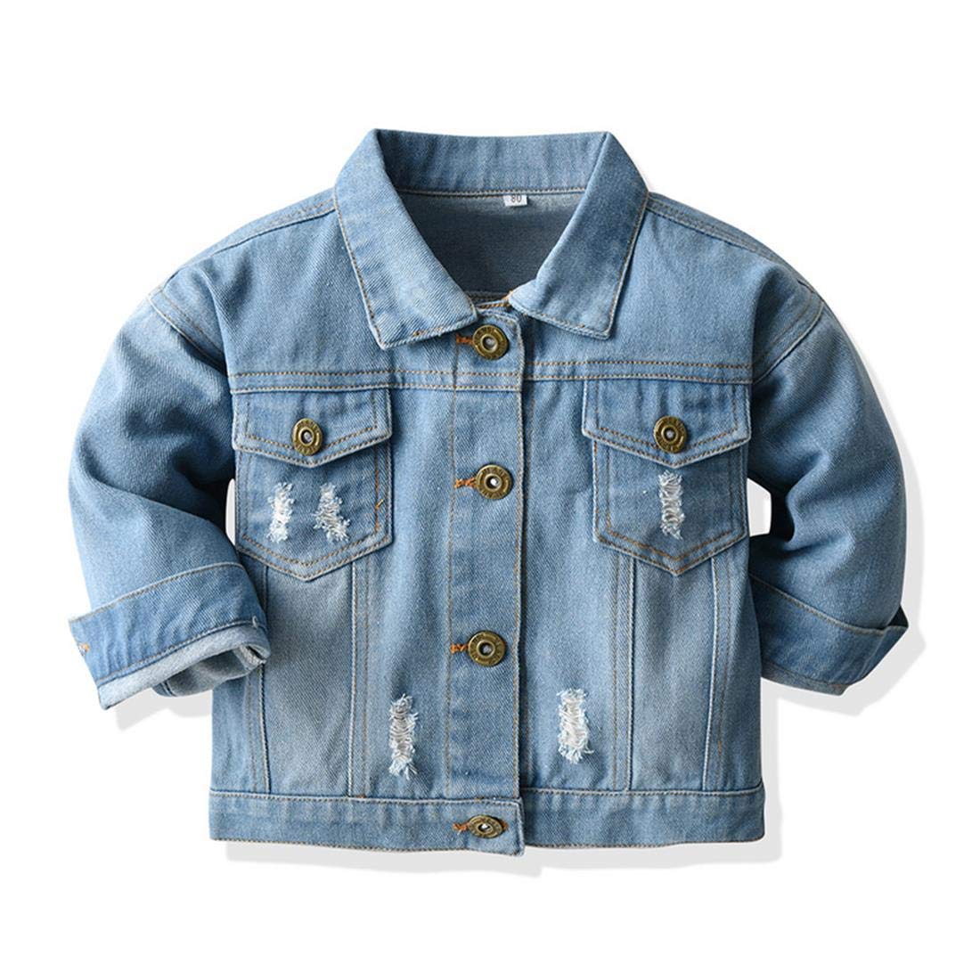 Sofeon Toddler Baby Boy Girls Denim Jacket Button Down Basic Ripped Hoodie Jeans WBBAPB08KW16RW9