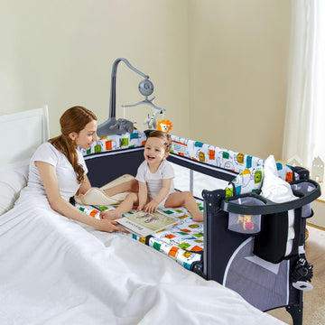 PEARLOVE Baby 5-in-1 Pack and Play with Bassinet, Bassinet Bedside Sleeper 5 Functions, Baby Crib with Mattress, Diaper Changer,
