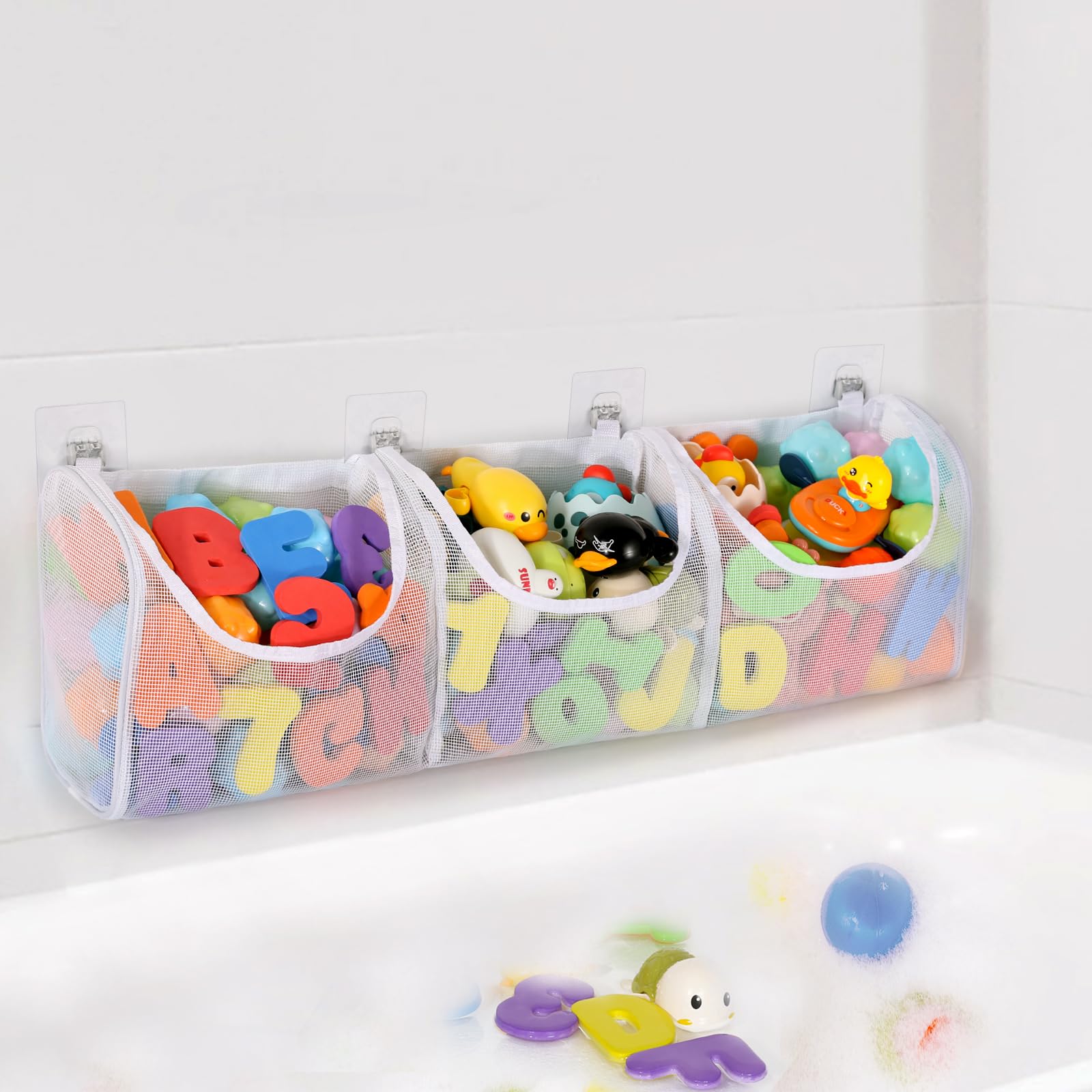 DOCMON Bath Toy Storage, Large Capacity 3 Compartments Bathtub Toy Storage, Opening Bath Tub Toy Holder Organizer, Mesh Shower C