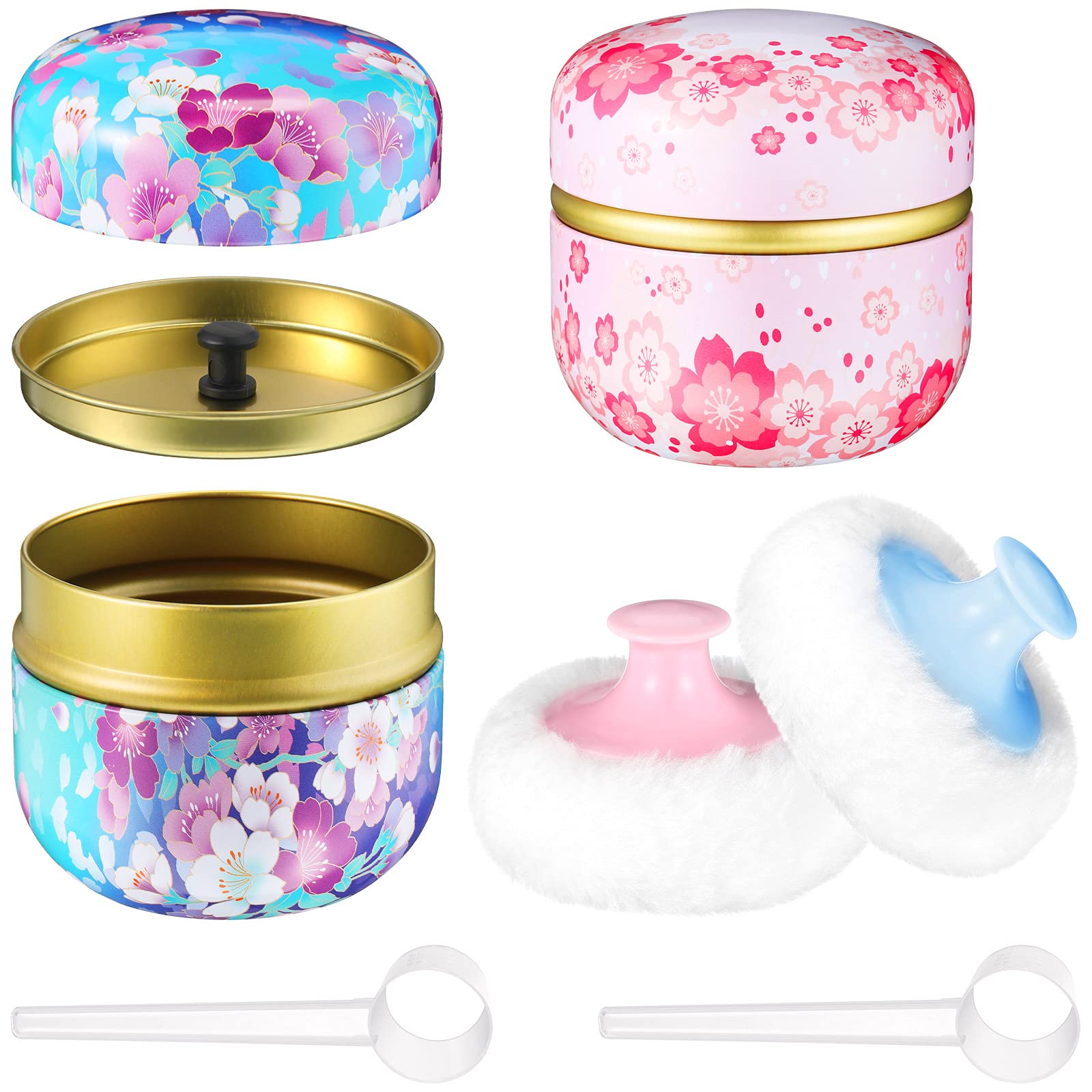 2 Pieces Body Powder Puff And Container, Soft Powder Puffs And 2 Pieces Spoon Loose Powder Tea Container Case Dusting Powder Box