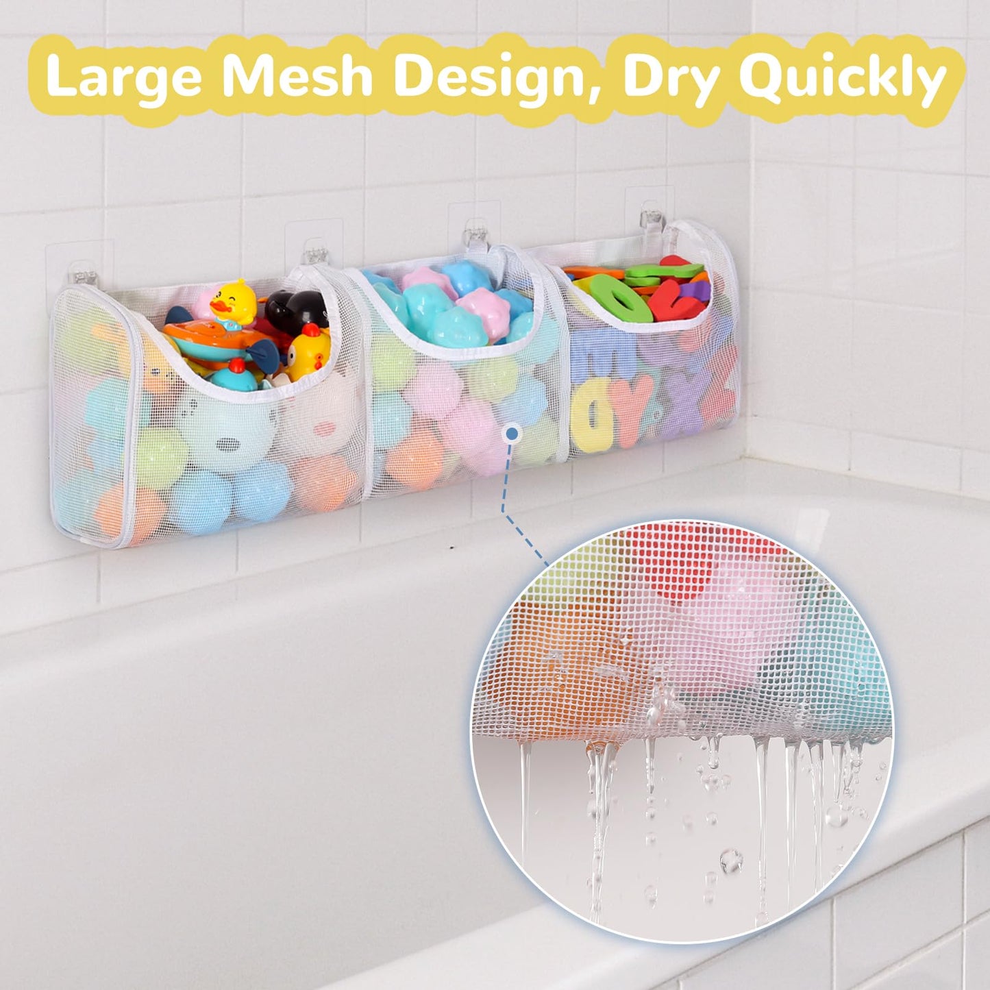 DOCMON Bath Toy Storage, Large Capacity 3 Compartments Bathtub Toy Storage, Opening Bath Tub Toy Holder Organizer, Mesh Shower C