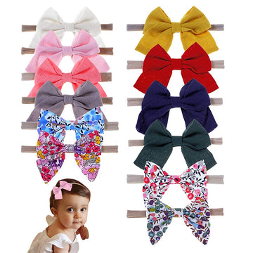 Jiahang Baby Girl Linen Bow Nylon Headband, Floral Print Bow Hair Bands, Tiny Flower Bow Soft Elastic For Newborn Infant Toddler