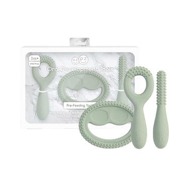 ezpz Oral Development Tools - 3 Months+ (3 Pack in Sage) - Non-Slip Loop, Smile and Stick, 100% Silicone Tools to Practice Feedi