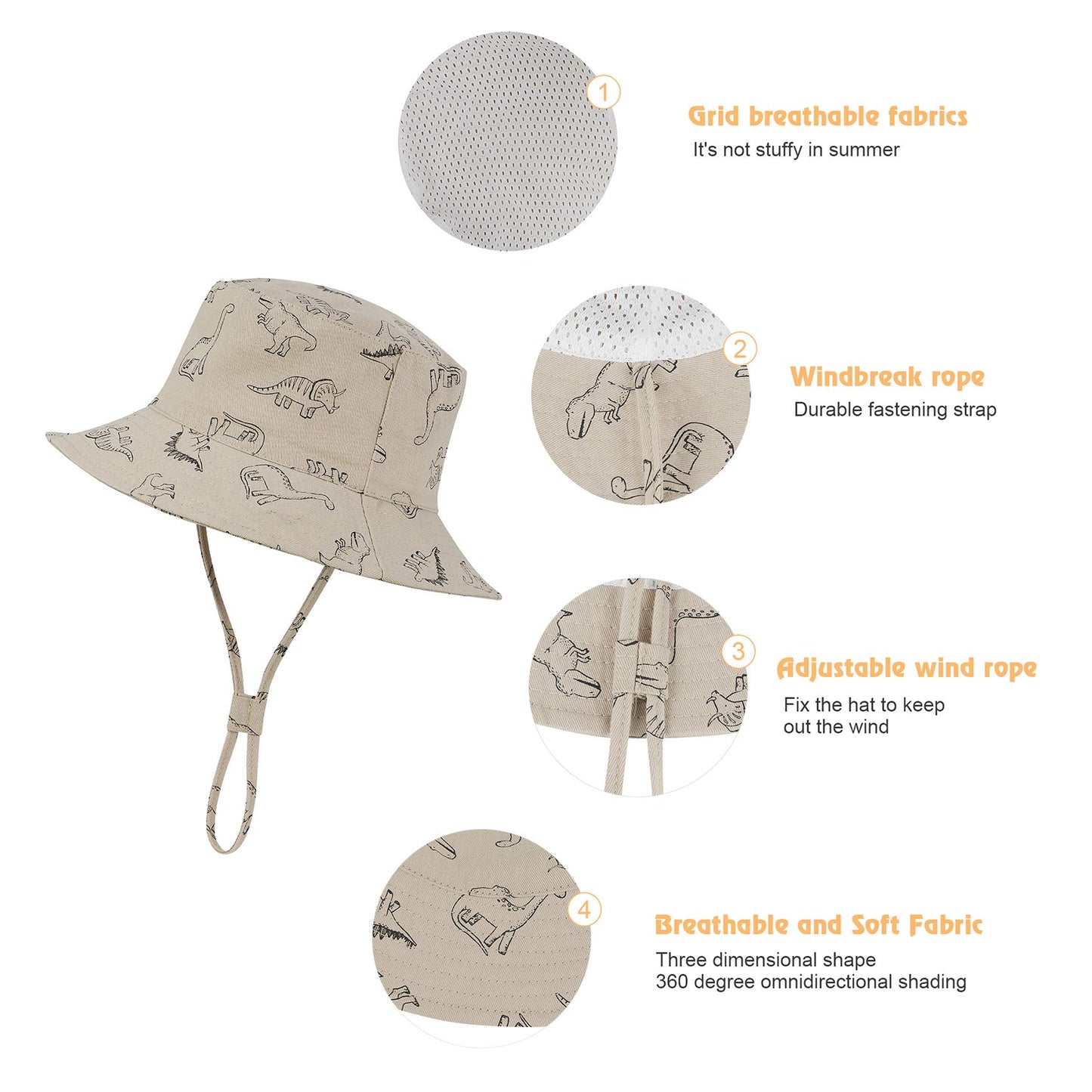Durio Sun Hat Summer Sun Protection Bucket Hat Beach Sun Hats For Baby Upf 50+ Bucket Hats For Baby B Khaki Dinosaur 12-24 Month