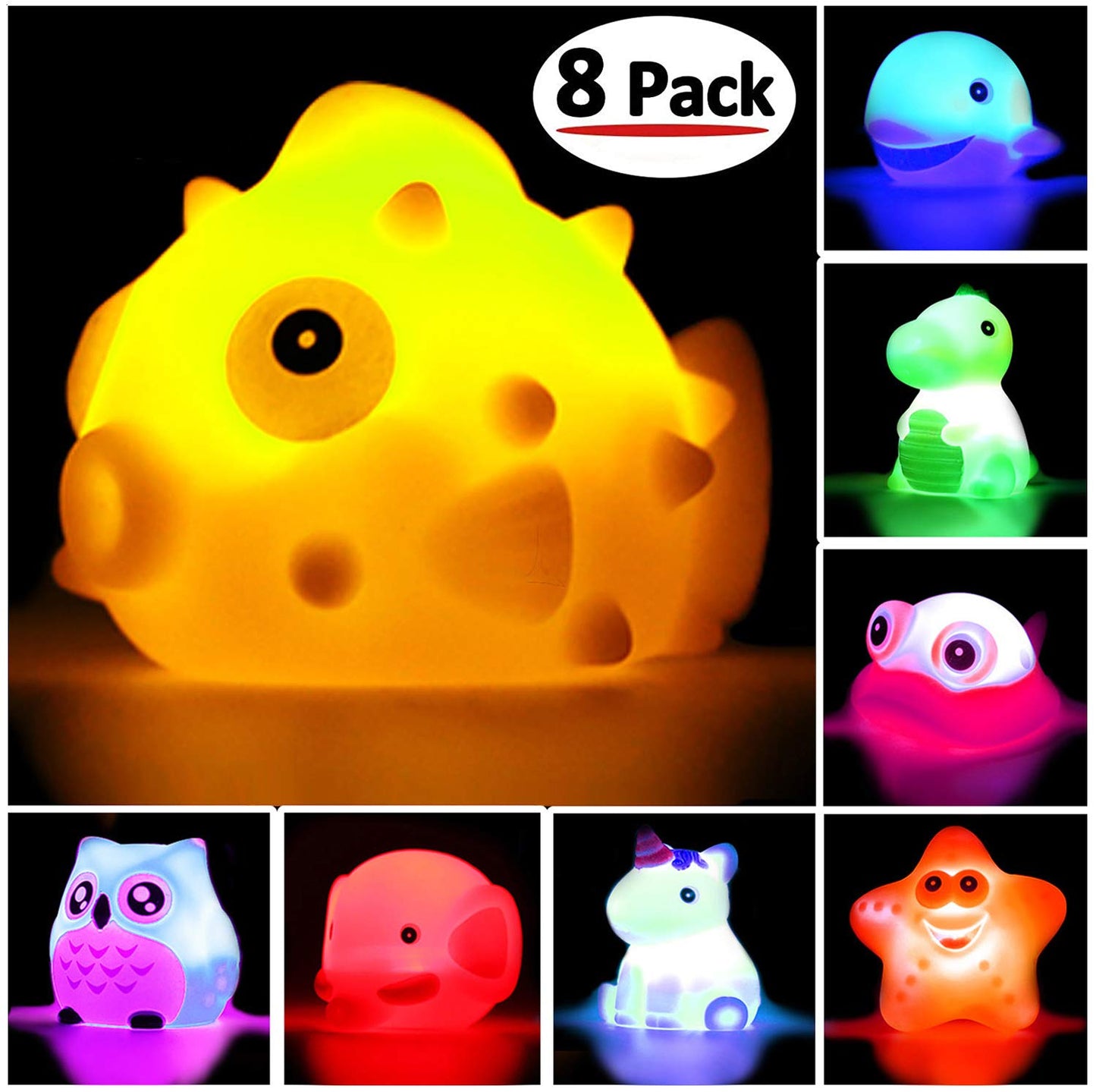 Bath Toys, 8 Pcs Light Up Floating Rubber Animal Toys Set, Flashing Color Changing Light in Water, Baby Infants Kids Toddler Chi
