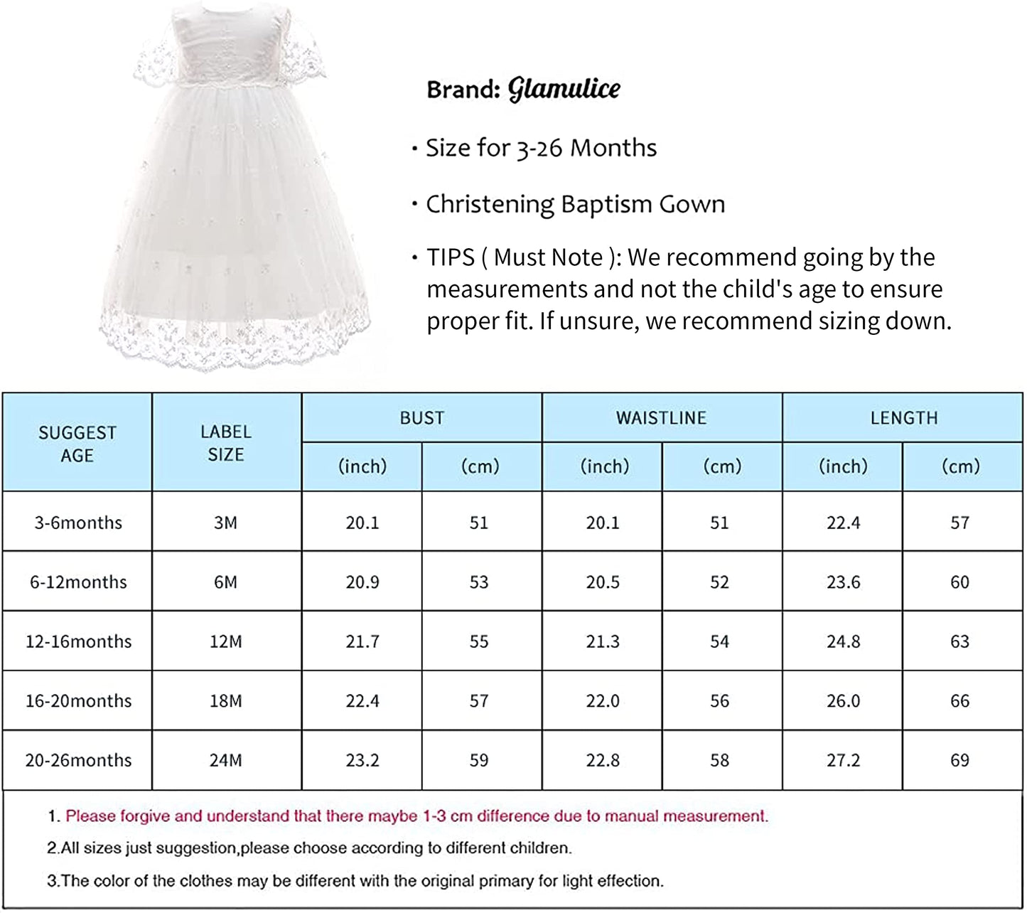 Glamulice White Baby Girls Christening Baptism Tulle Dresses 3-6 Lace Floral Embroidered Newborn Birthday Party Wedding Gowns In