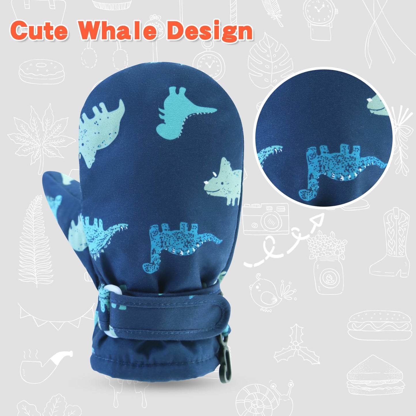 Toddler Waterproof Mittens Fleece Lined Baby Boys Girls Winter Warm Glove Kids Snow Infant Ski Mitten For 3M-5T (Blue Dinosaur,