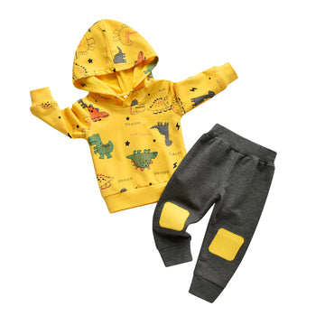 Infant Baby Boy Clothes Dinosaur Print Hoodie Tops + Pants Sweatsuit Outfits (18-24 Months) Yellow