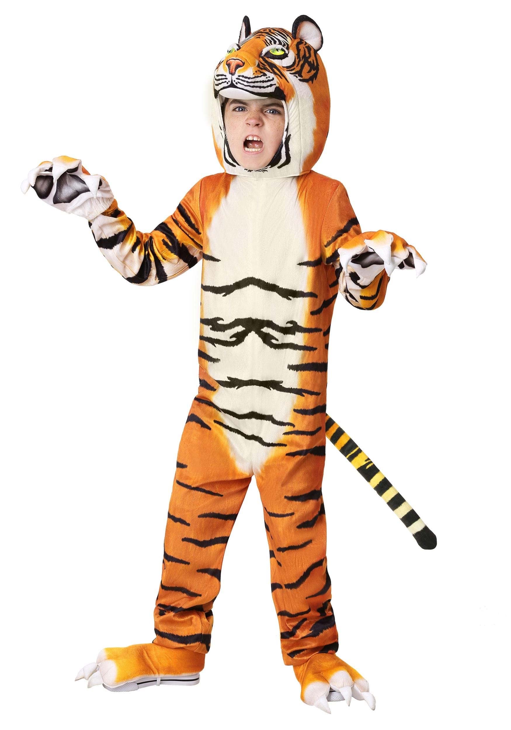 Fun Costumes Kids Realistic Jungle Tiger Costume, Striped Plush Big Cat Jumpsuit For Children Large
