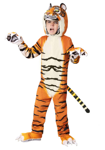 Fun Costumes Kids Realistic Jungle Tiger Costume, Striped Plush Big Cat Jumpsuit For Children Large