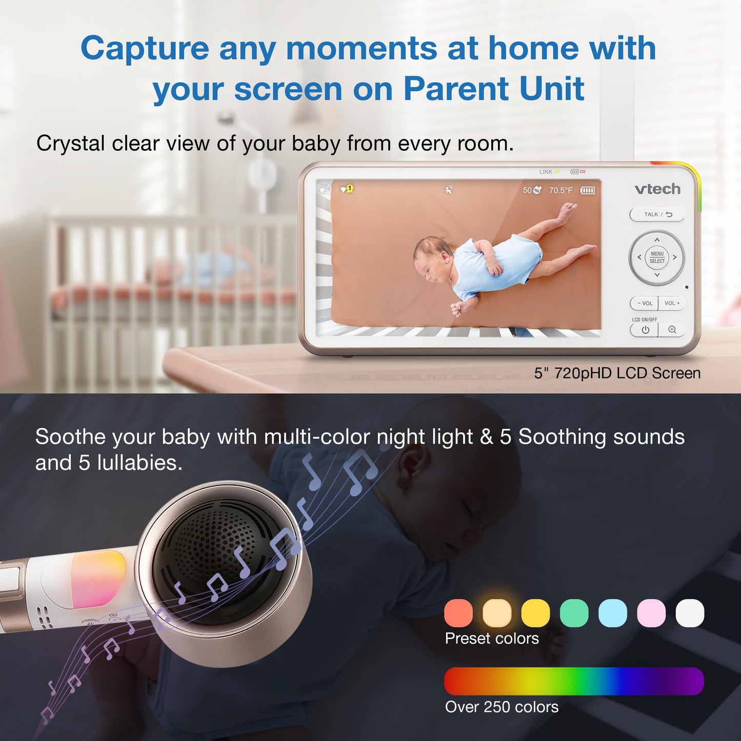 Vtech V-Care Vc2105 1080P Fhd Over-The Crib Mount Smart Baby Monitor 5    720P Lcd Screen,Table Stand,Remote Access,Versatile Pl
