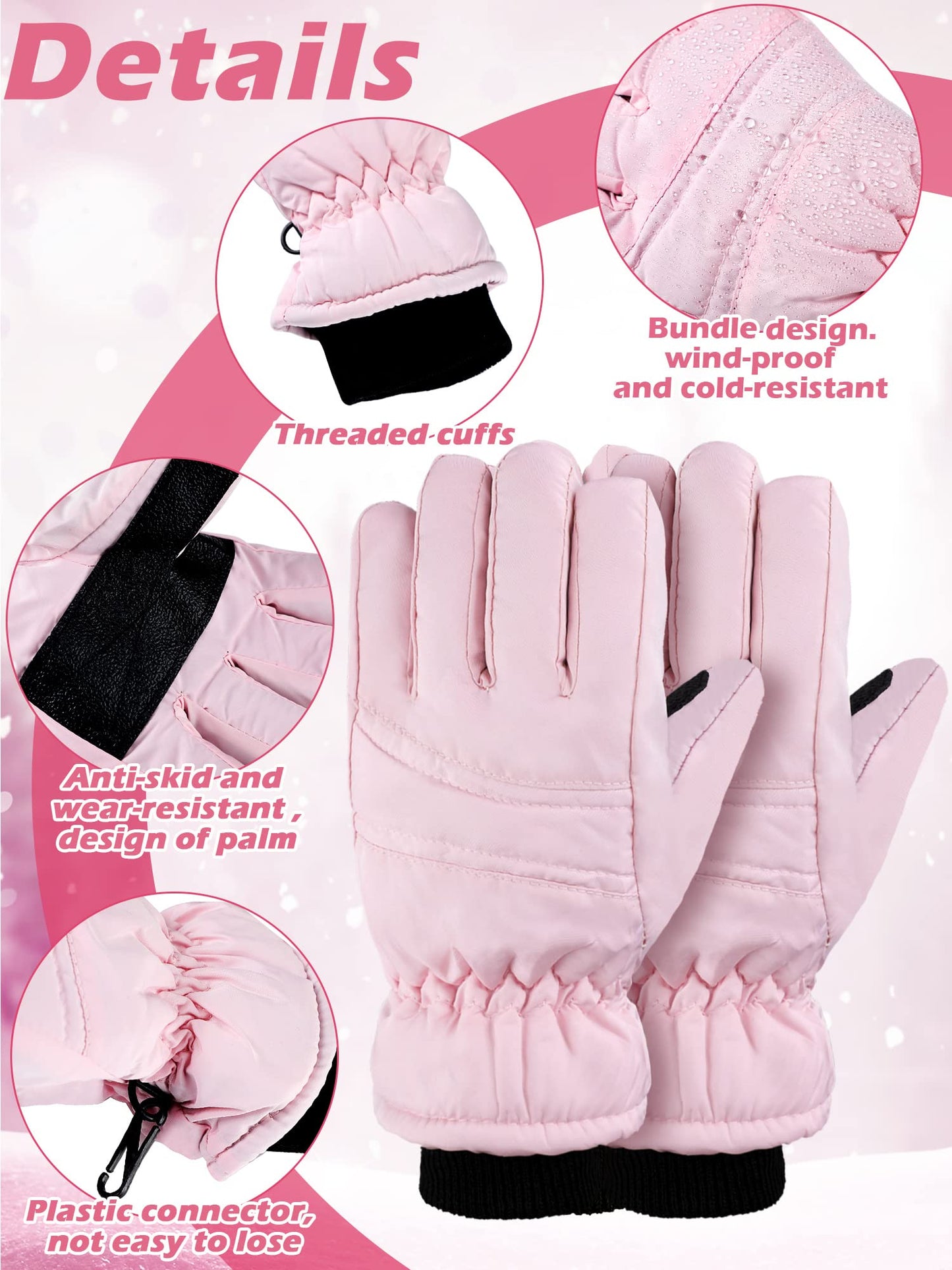 Boao 2 Pairs Kids Winter Ski Gloves Waterproof Warm Snow Mittens Full Finger Gloves For Toddlers Infants (Pink, Purple,10-15 Yea
