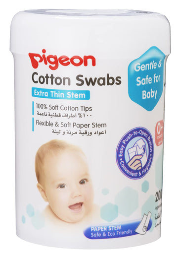 Pigeon Cotton Swabs, Flexible And Soft Paper Stem, 100% Soft Cotton Tips, Thin & Hinged, 200 Pieces, White