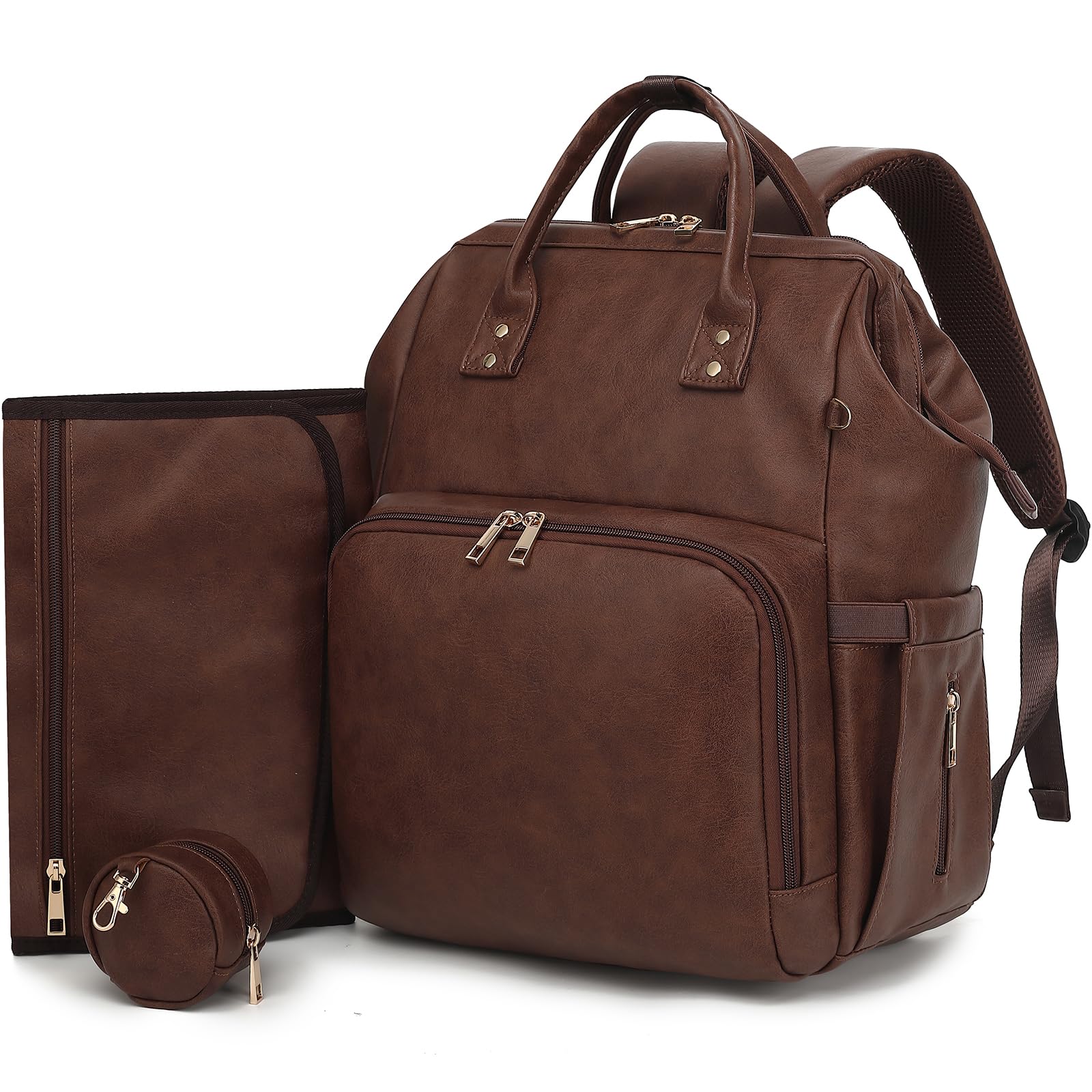 Rosegin Premium Vegan Leather Diaper Bag Backpack With Waterproof Changing Pad - Reinforced Stitching & Zippers, Baby Bag For Bo
