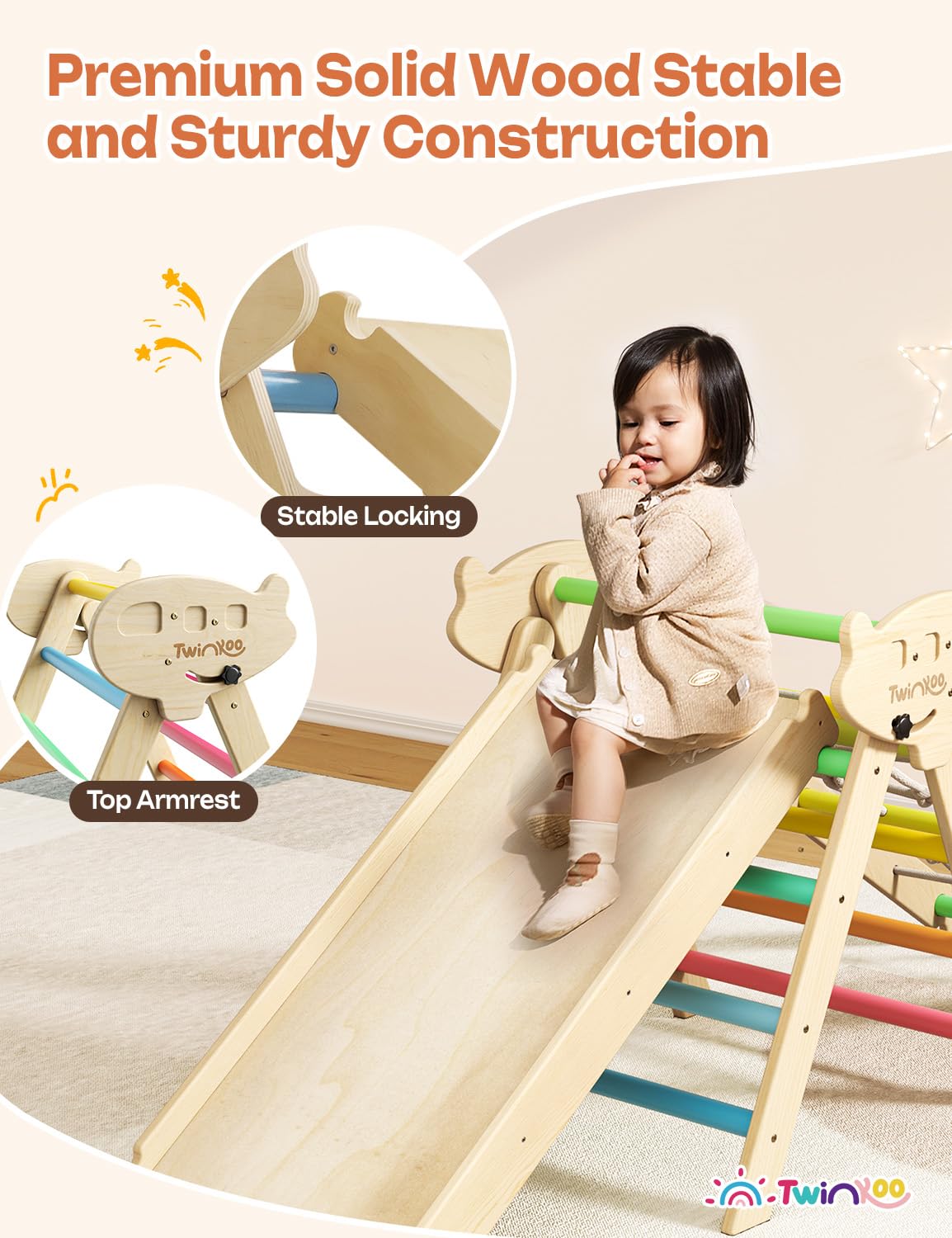 Twinkoo 8 In 1 Pikler Triangle Set, Foldable Toddler Baby Climbing Toys, Solid Wooden Montessori Climbing Set, Baby Climber Indo