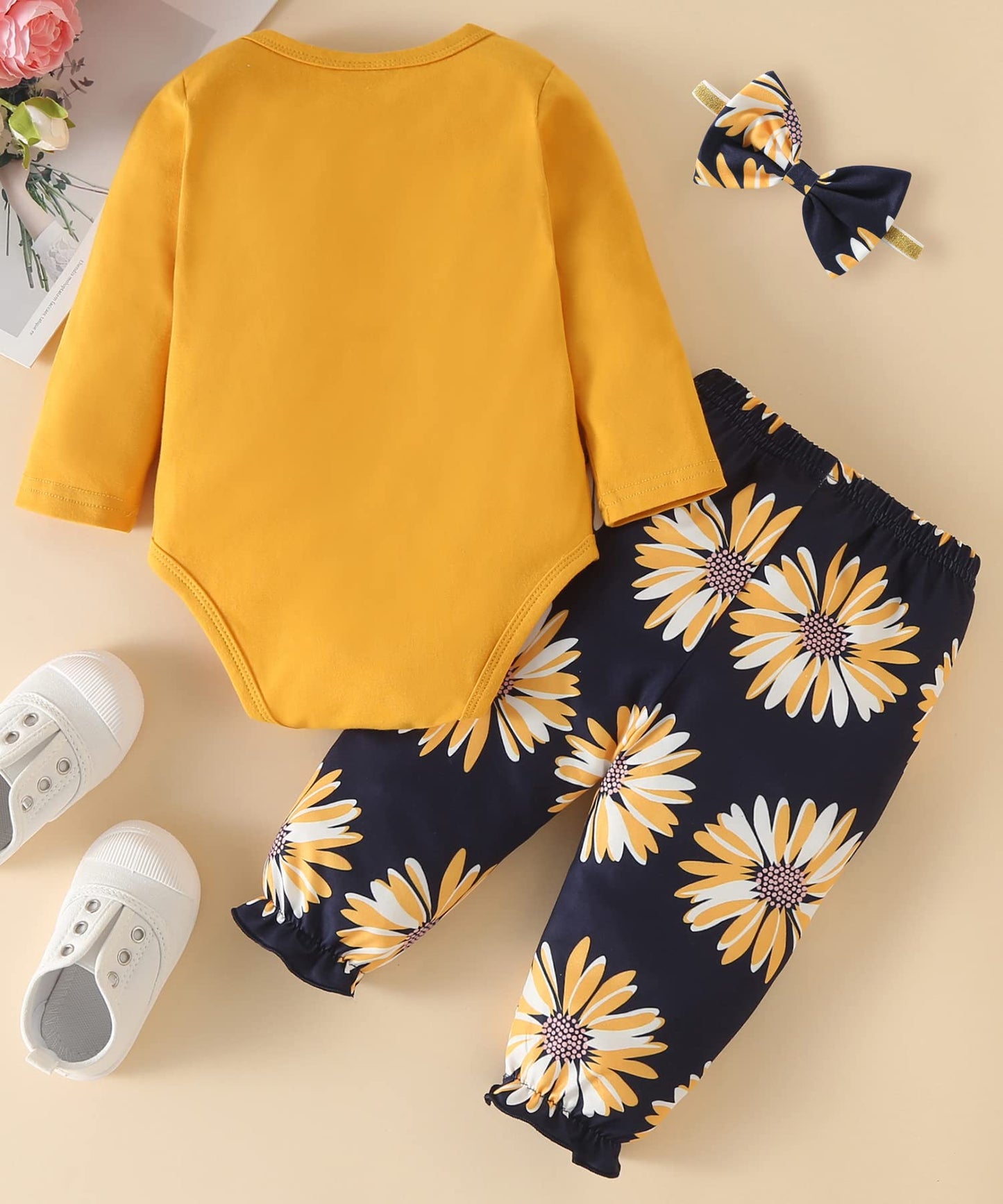 Fullfamous Baby Girl Clothes Gifts Outfits,Fall Winter Long Sleeve Romper And Pant Set Yellow Sunflower Newborn