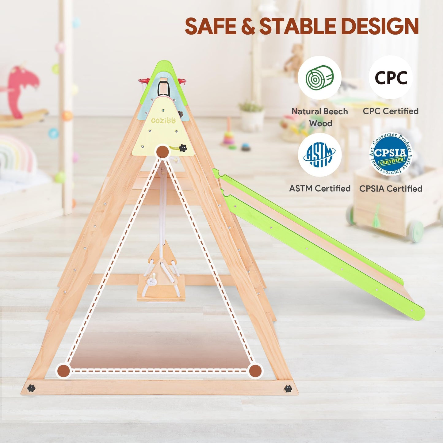 Cozibb 7 In 1 Indoor Jungle Gym For Kids, Foldable Toddler Indoor Playground With Slide, Beechwood & Baby Swing, Climbing Wall &