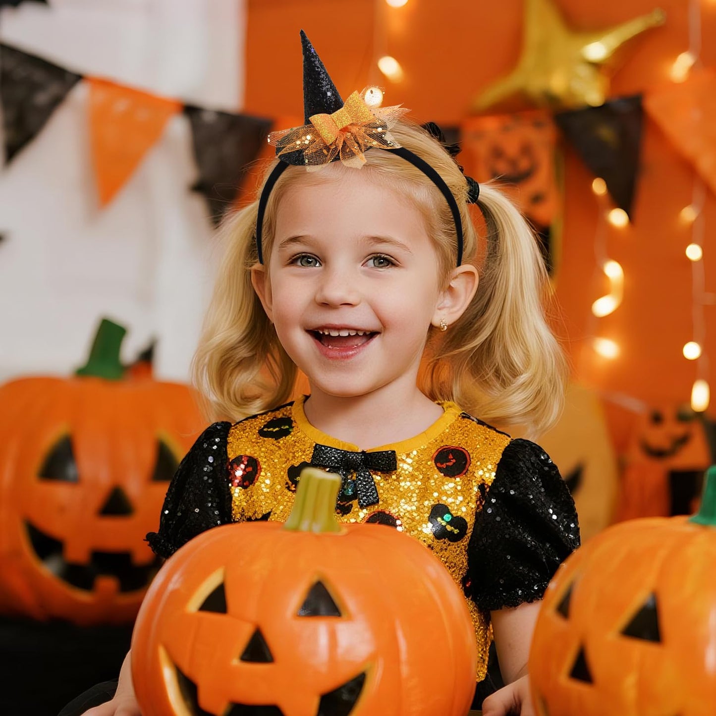 YanJie Halloween Headband for Infants Mini Witches Hat Glitter Nylon Headbands 3 Witch Hats with Orange Baby Bow Stretchy Head