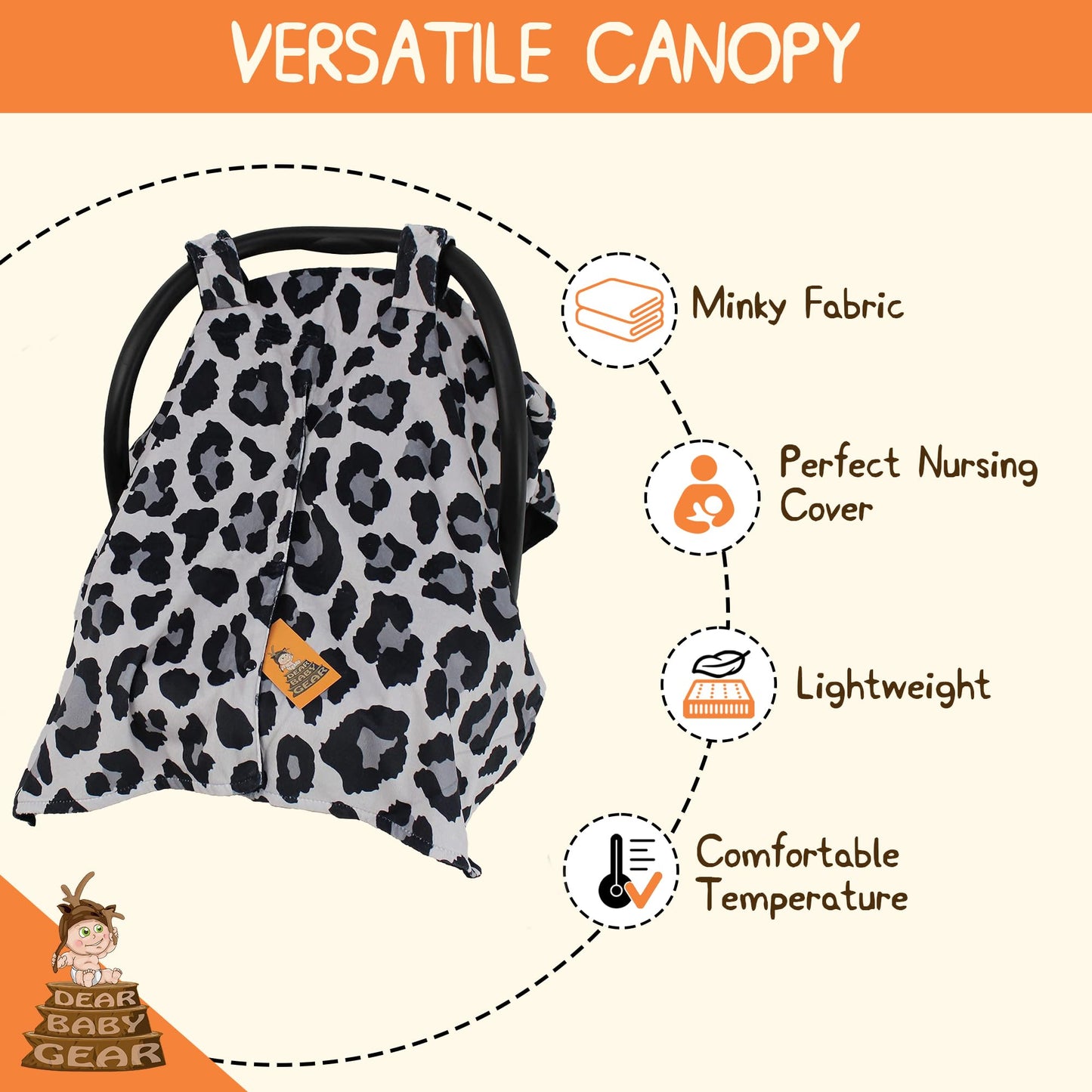 Dear Baby Gear Deluxe Car Seat Canopy, Double Layer, Gray Leopard Print, Black Smooth, 40 X 30 Inches, Custom Print Lightweight