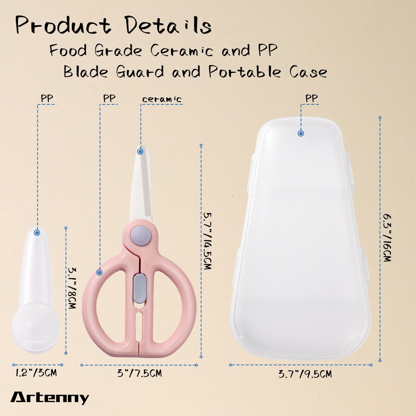 Artenny Ceramic Baby Food Scissors Kids With Travel Case, Toddler Scissors With Safety Lock, Ideal For Pizza, Meats, Noodles, Ve