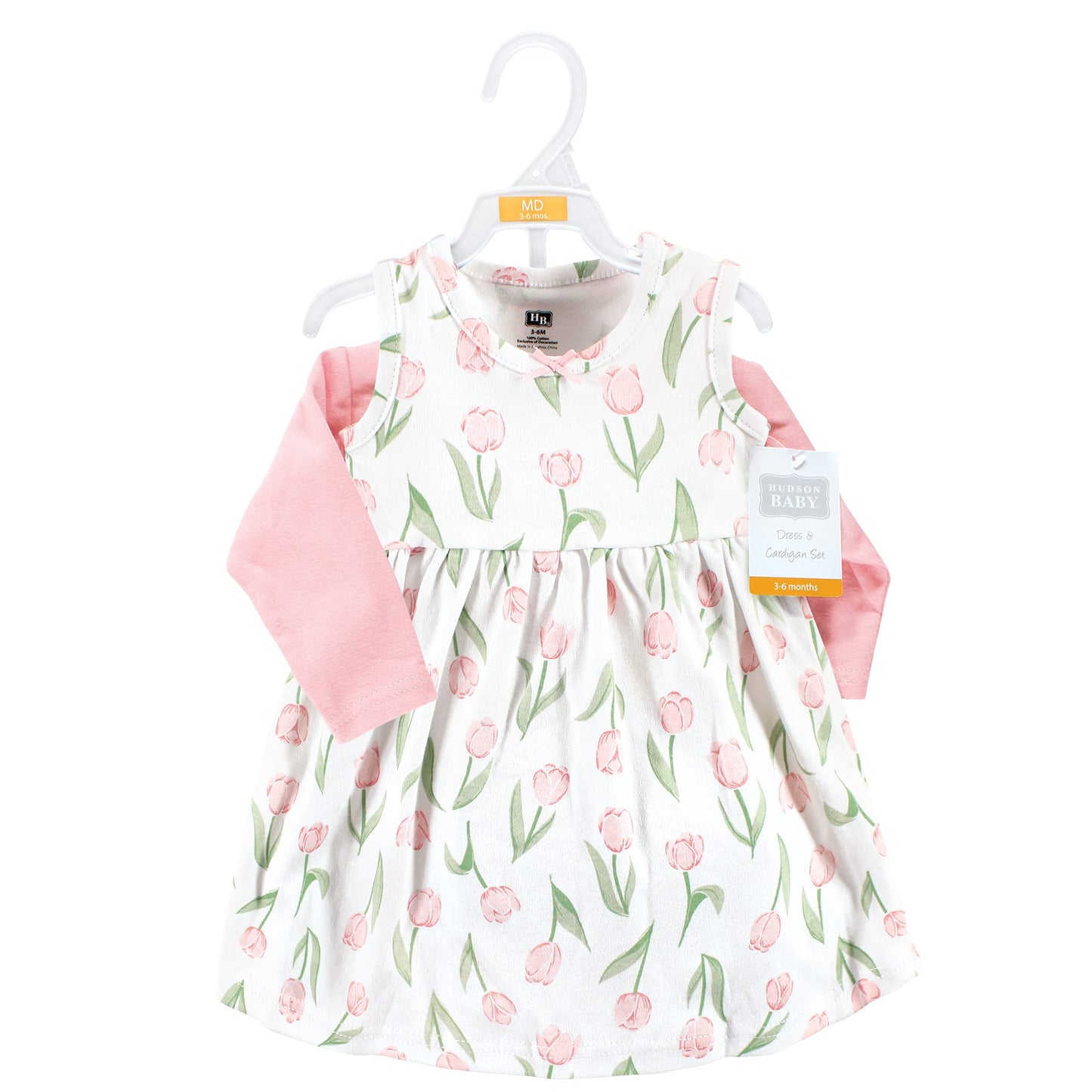 Hudson Baby Baby Girls Hudson Infant Girl Cotton And Cardigan Set, Pink Tulips, 0-3 Months Casual Dress, Pink Tulips, Months Us