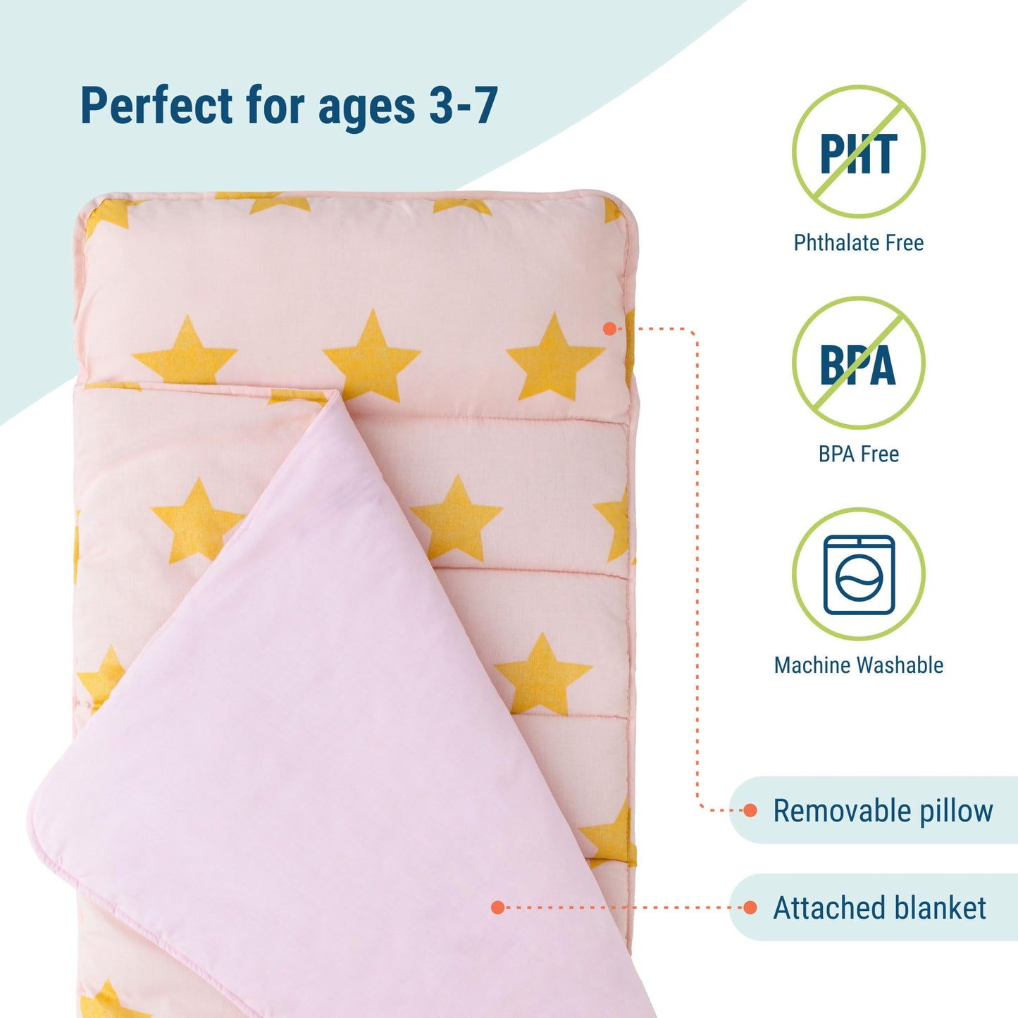 Wildkin Kids Original Nap Mat - Cozy Kids Sleep Mat With Pillow, Ideal For School & Travel - Pink And Gold Stars