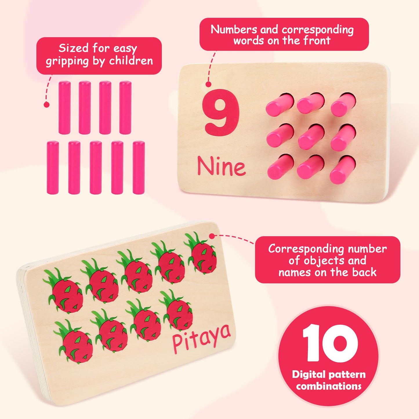 Gserin Wooden Counting Numbers Peg Board for Kids, Montessori Math Toy for Toddlers, Math Manipulatives Preschool Early Learning