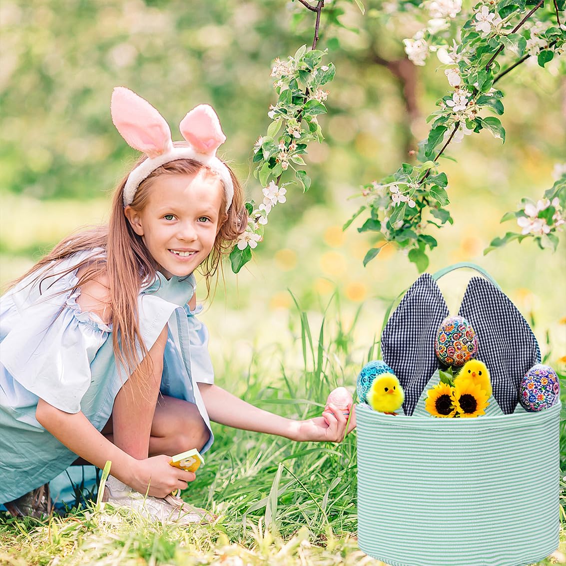 Easter Basket Seersucker Egg Hunt Bunny Baskets For Kids With Cute Rabbit Ears Stripe Storage Gifts Candies Personalized Easter