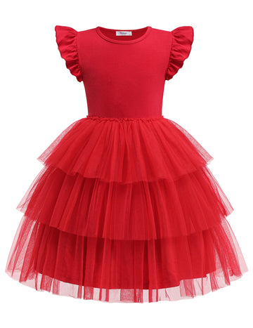 Arshiner Girl Dresses Toddler Flutter Tutu Dress Formal Red Valentine Christmas Birthday Party Sundress 5-6 Years