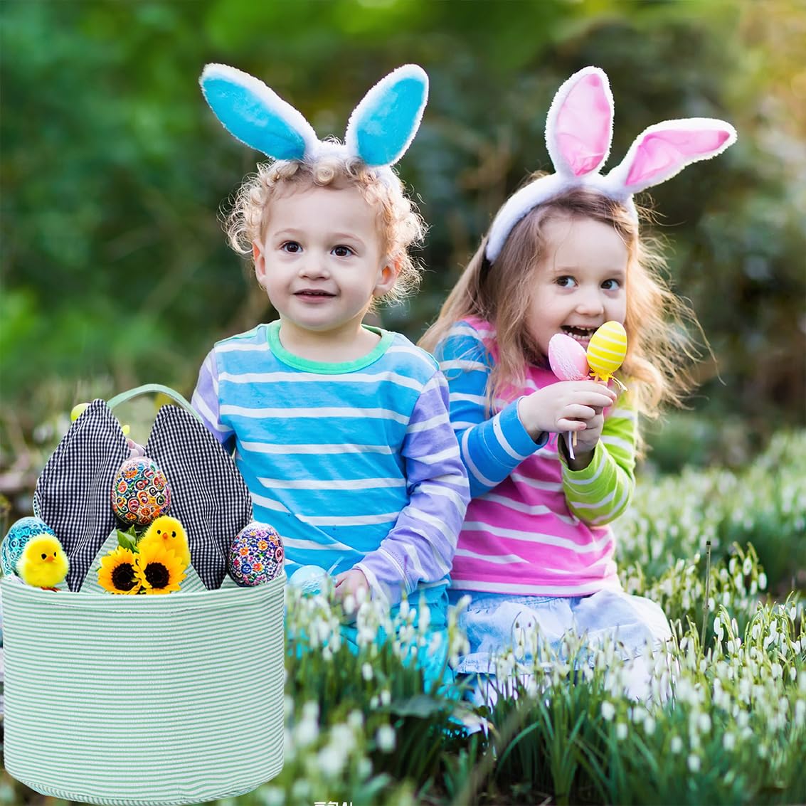 Easter Basket Seersucker Egg Hunt Bunny Baskets For Kids With Cute Rabbit Ears Stripe Storage Gifts Candies Personalized Easter