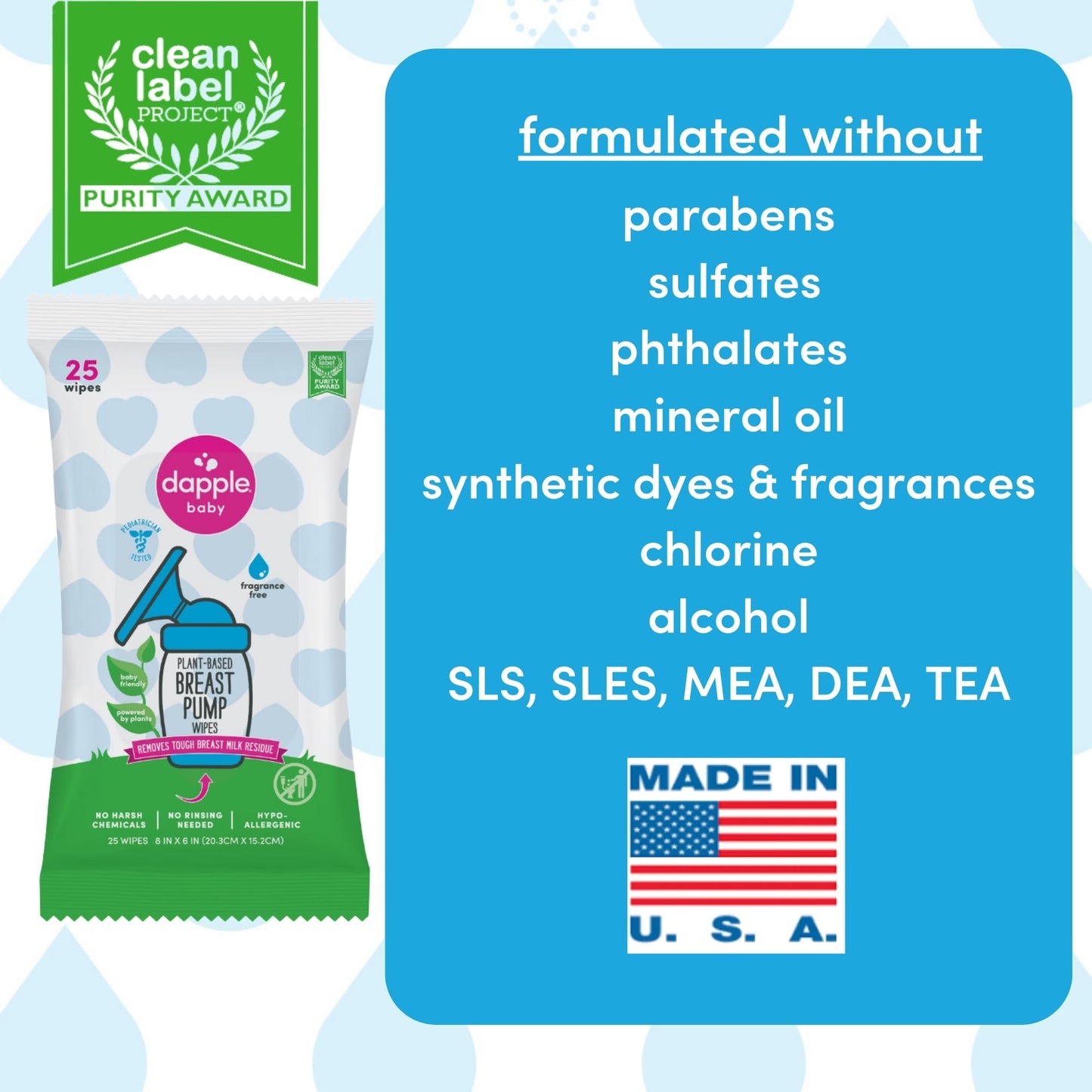 Breast Pump Wipes By Dapple Baby, 25 Count (Pack Of 3), Fragrance Free, Plant Based & Hypoallergenic Breast Pump Wipes - Removes