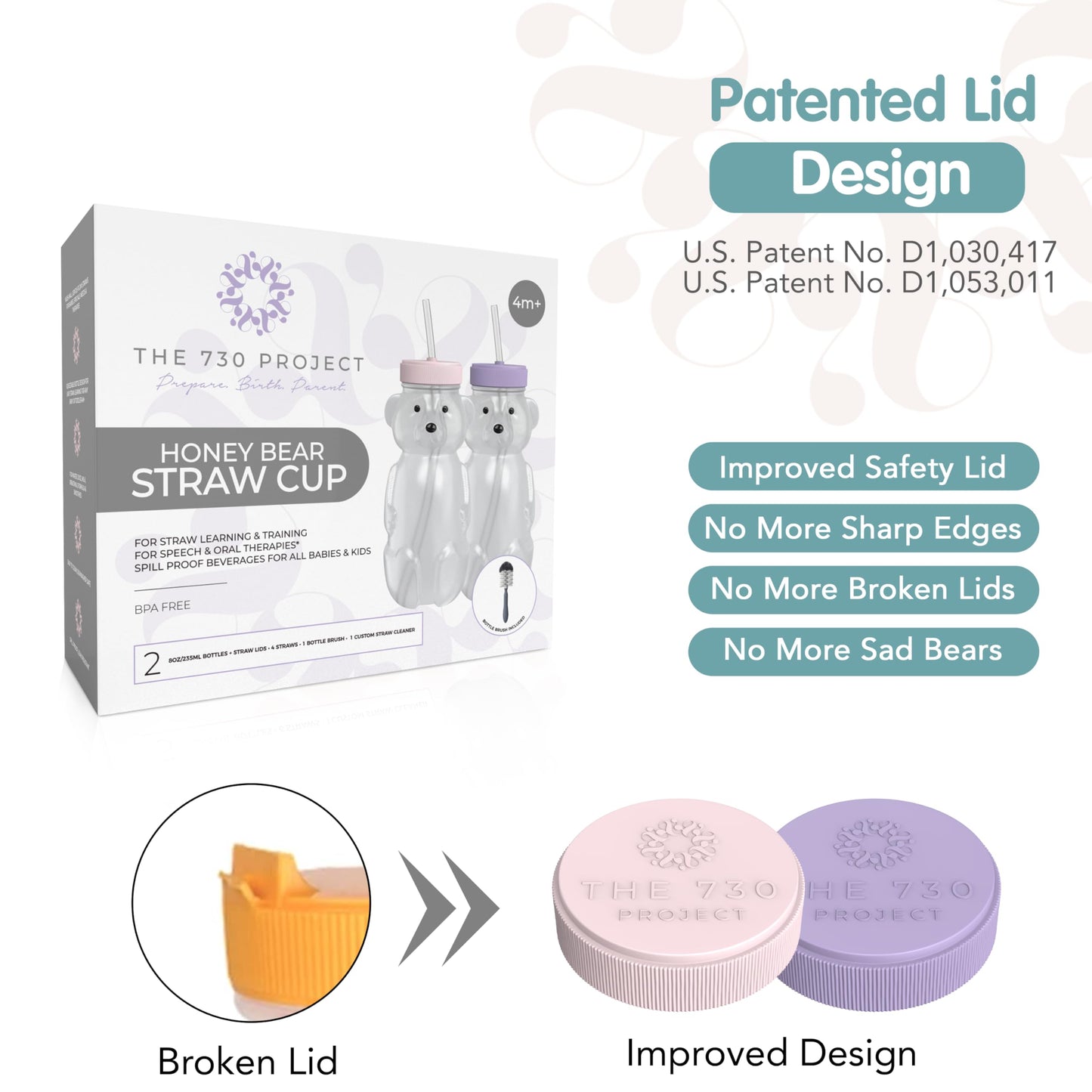 The 730 Project Honey Bear Straw Cup For Babies, 8Oz Honey Bear Cup With Travel Lid, 2-Pack Therapy Learning Honeybear Straw Cup