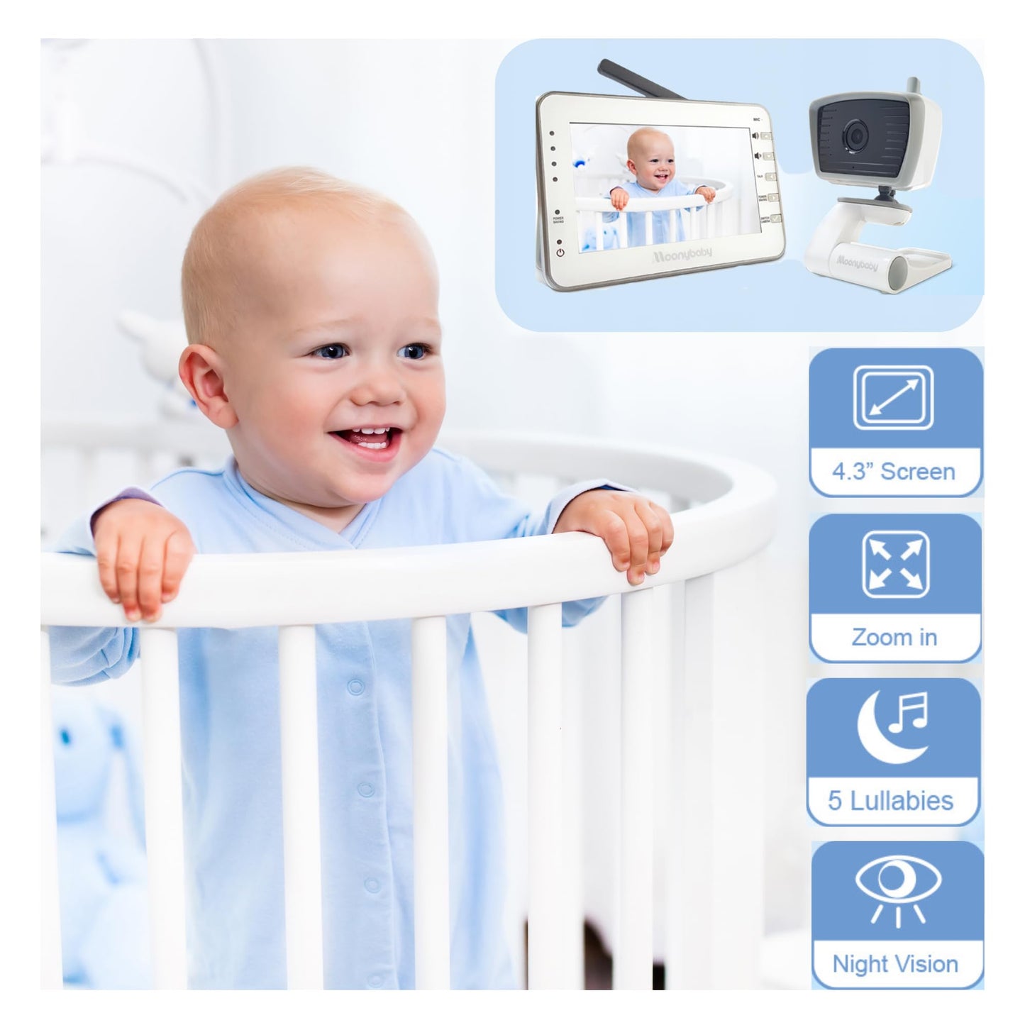 Baby Monitor With Camera And Audio, Long Range No Wifi, Baby Room Temperature Monitoring, Auto Night Vision, 5 Built-In Lullabie