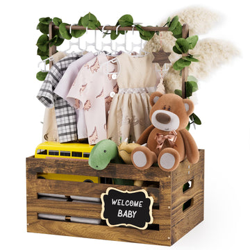 Wooden Baby Shower Crate Closet, Baby Gift Basket With Handle And Garland Storage Crate Hamper, Baby Shower Wooden Gift Crate, W