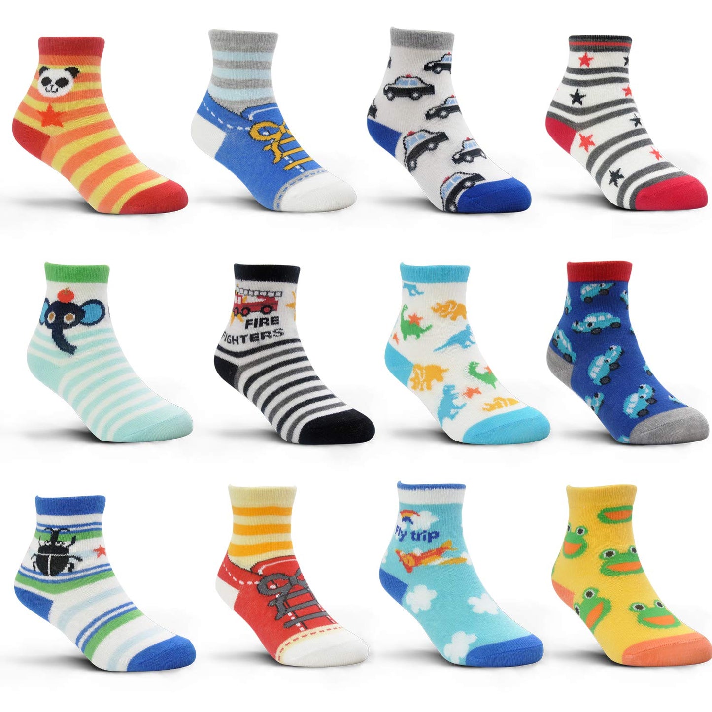 12 Pairs Toddler Boy Socks Lovely Assorted Cartoon Kids Socks Non Skid Slipper Socks Grips 12-36 Months 1-3 Years Old Baby