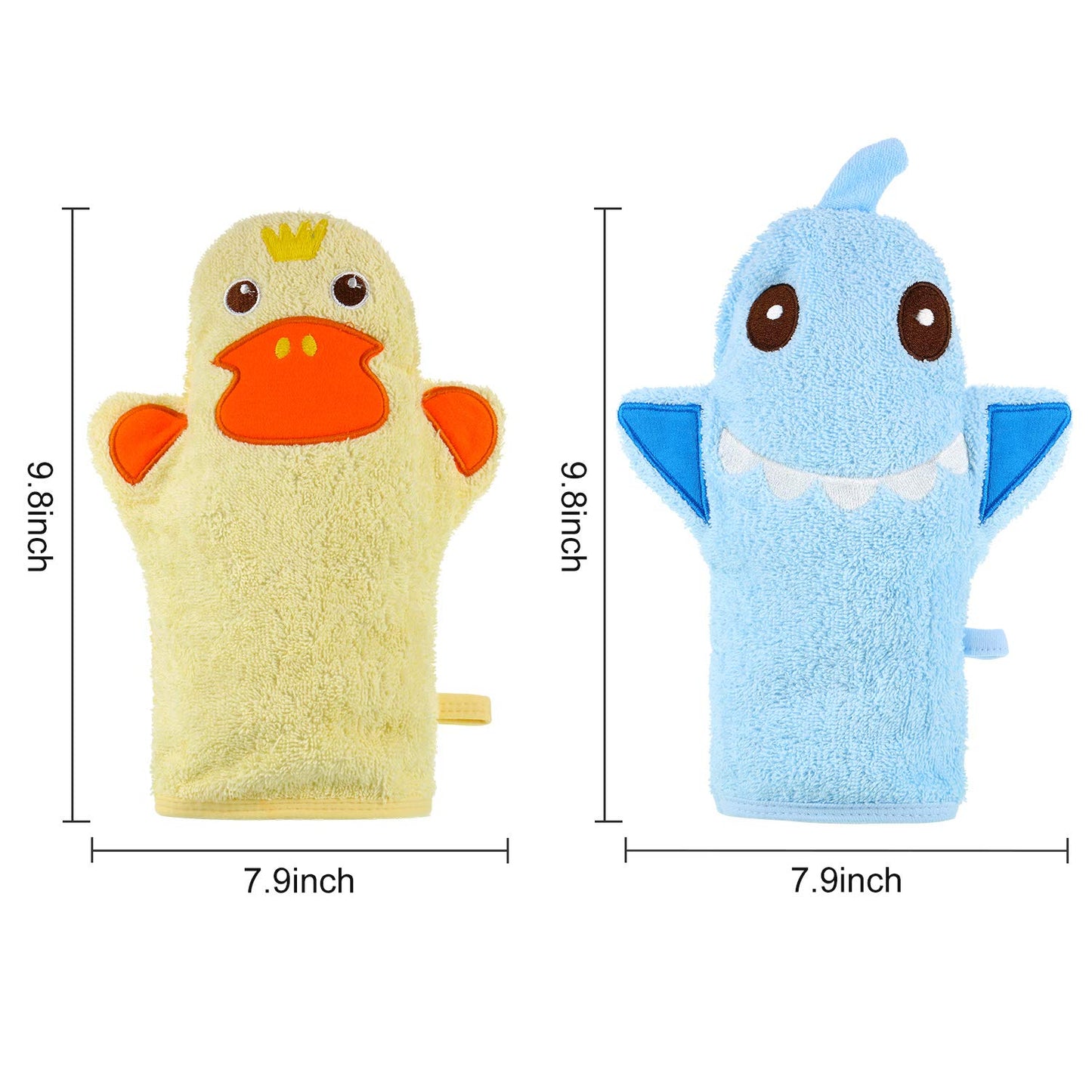 2 Pieces Baby Bath Mitt Washcloths With Cute Animal Designs Yellow Duck Shark Towel Gentle Soft Scrub For Toddler Bath And Showe