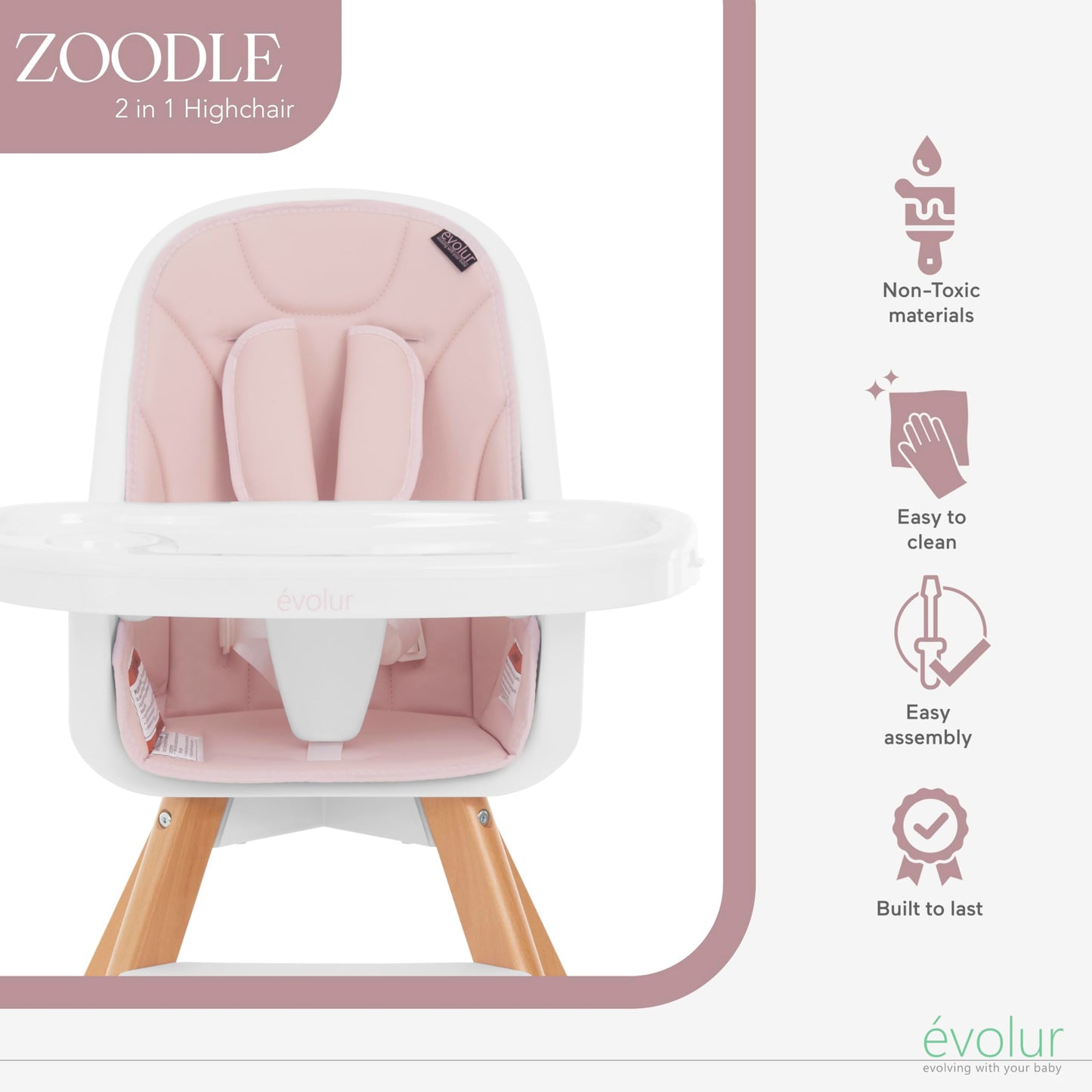 Evolur Zoodle 3 In 1 Convertible Baby High Chair In Pink, Easy To Clean, Adjustable And Removable Tray, Compact And Portable Hig