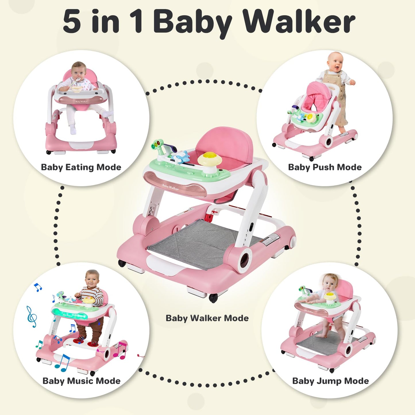Baby Walker With Wheels, 5 In 1 Walker For Baby Boy Girl 6-12 Months With Bouncer, Music And Lights Baby Jumper Activity Center,