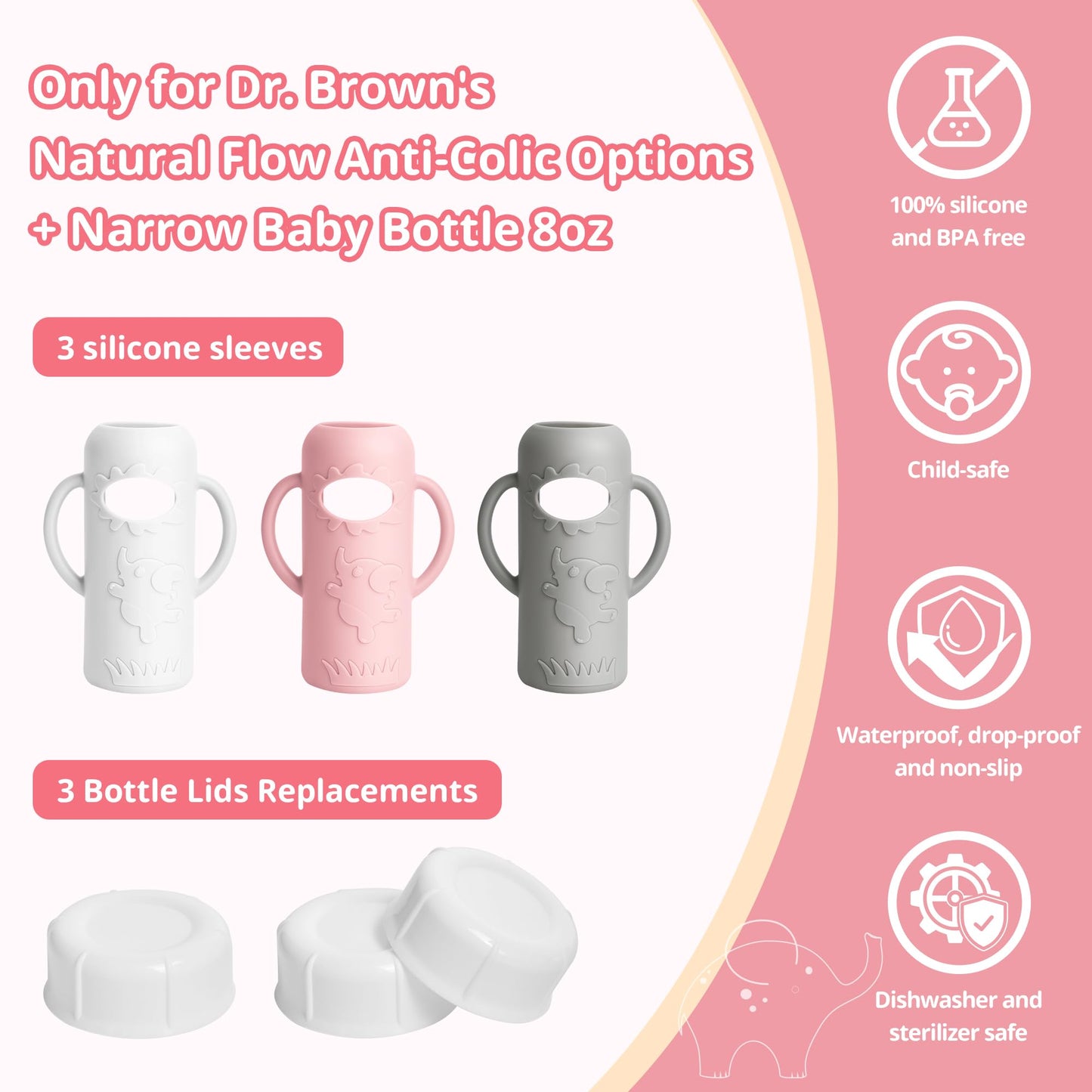 Joxodak 3 Pack Silicone Sleeves For Dr Brown Natural Glass Baby Bottles, Food Grade Anti Breakage Baby Bottle Holder With Handle