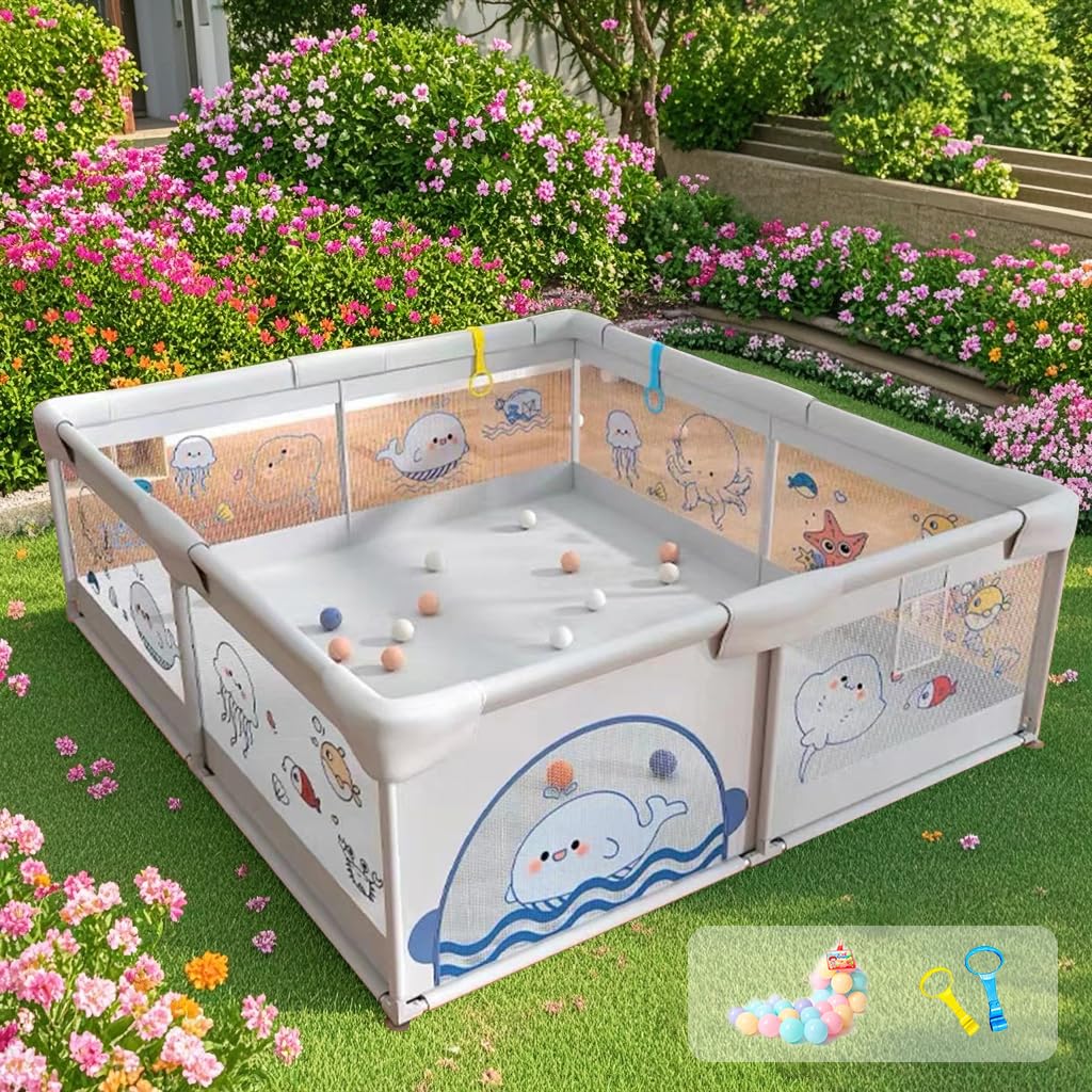 Zingup Baby Playpen (05 Years)  150X180Cm Large Playard With Ocean Balls, 2 AntiFall Grasp Rings And Safety Lock (NonFoldabl