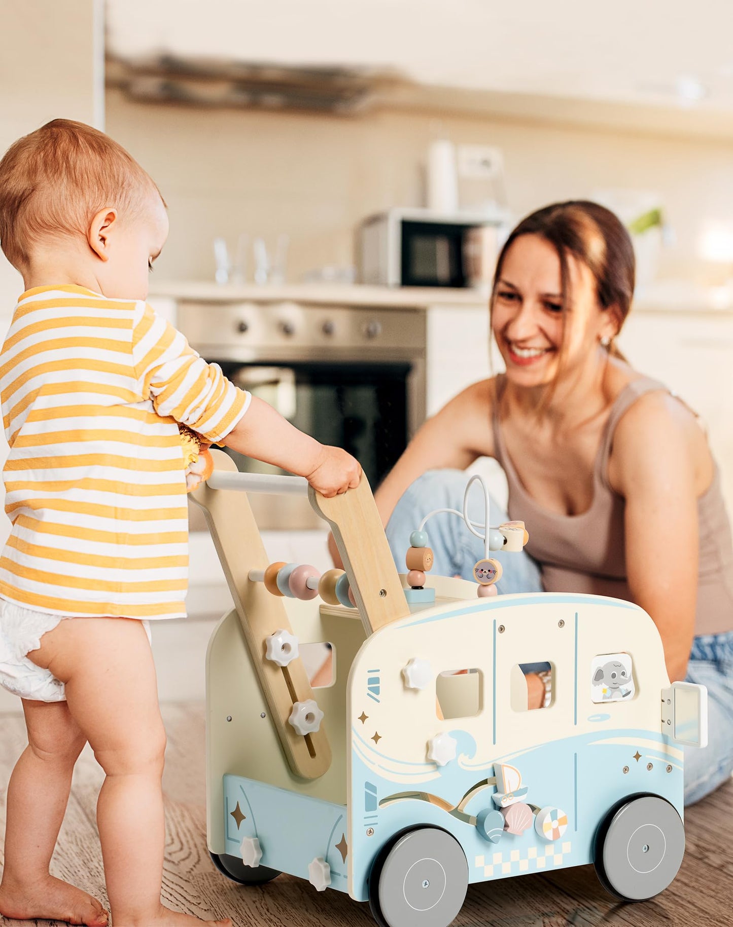 ROBOTIME Wooden Baby Walker, Baby Push Walker, Baby Activity Center Toys, Ajustable Speed Multi-Functional Baby Walker with Whee