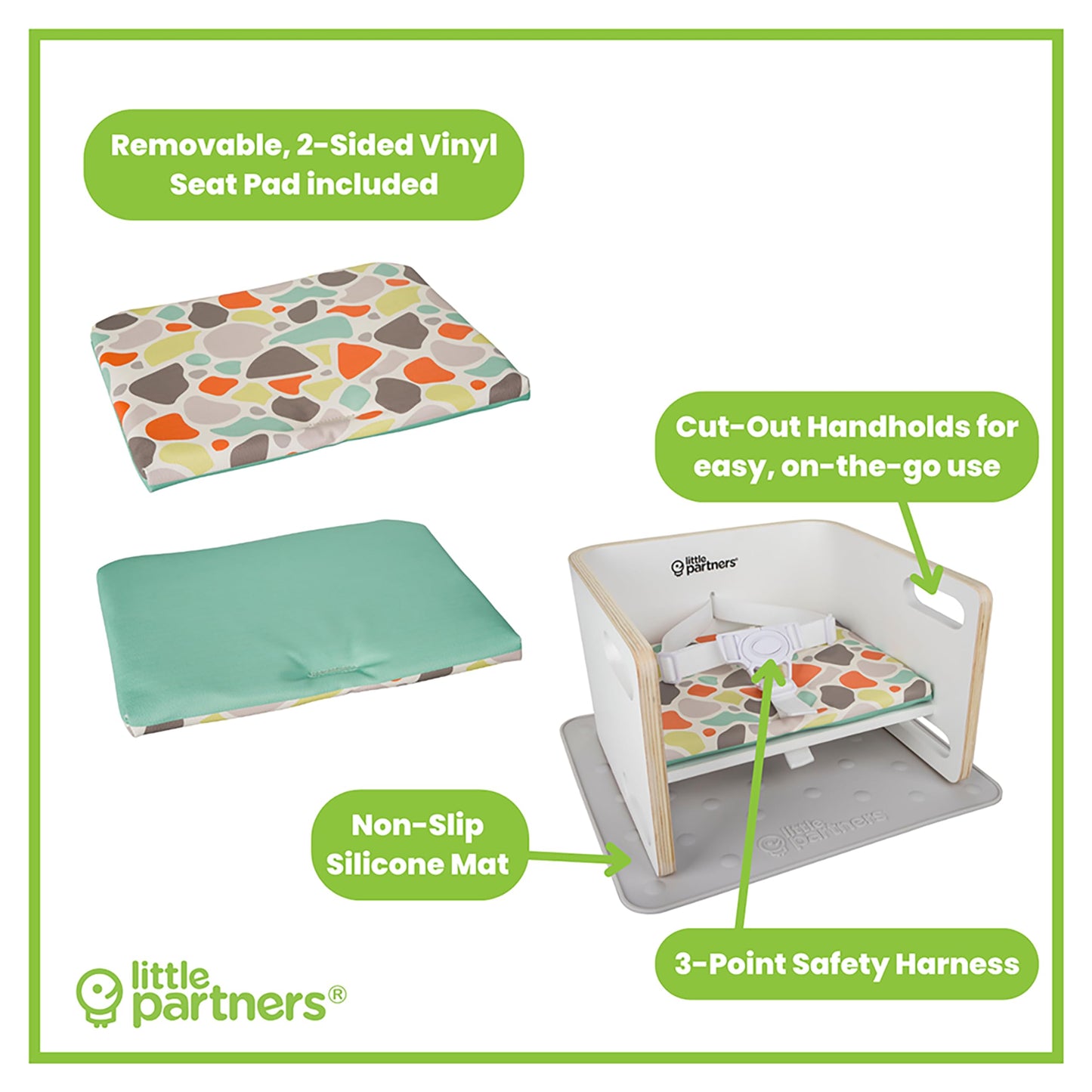 Little Partners 3-In-1 Wooden Learning Booster Seat For Toddlers - Converts To Step Stool For Kids - Seat Cushion, Silicone Mat,