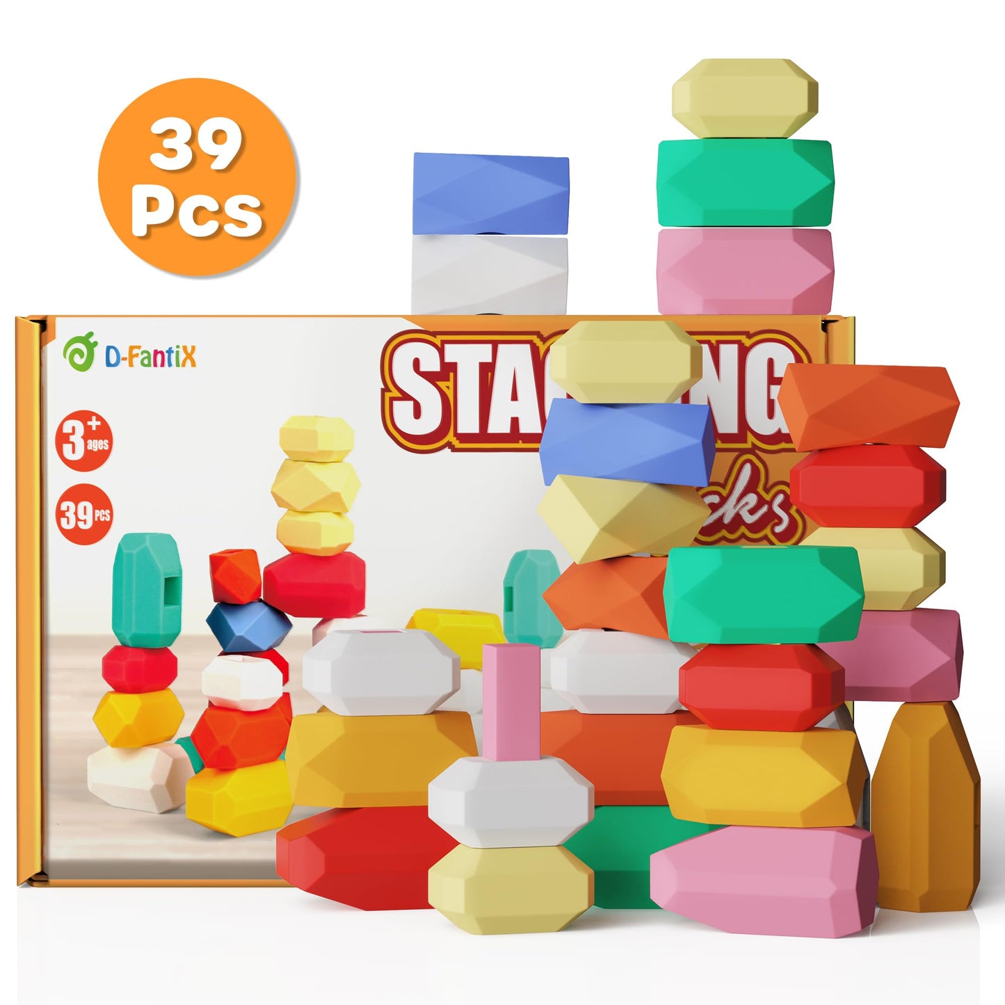 D-FantiX 39 PCS Silicone Sorting Stacking Rocks Stones, Sensory Learning Montessori Toys for 3 4 5 6 Year Old Kids, Educational
