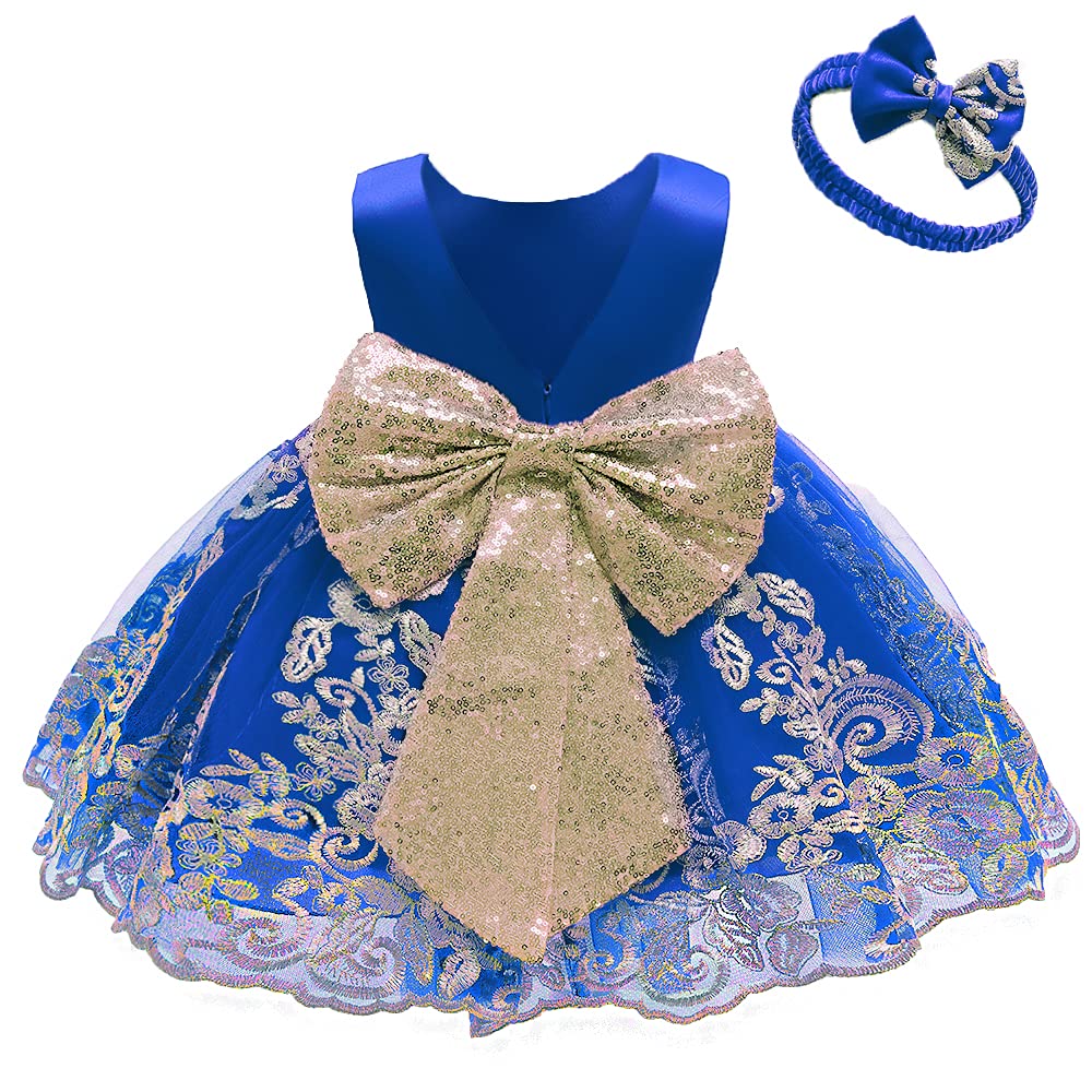 Flower Girls Dresses Wedding Baby Birthday Party Christmas Easter Pageant Event Prom Lace Dress (Sapphire,90)