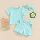 Toddler Baby Girls Daisy Chenille Patch Outfit Short Sleeve T-Shirt Shorts Headband 3Pcs Summer Clothes Set (Sky Blue, 18-24 Mon
