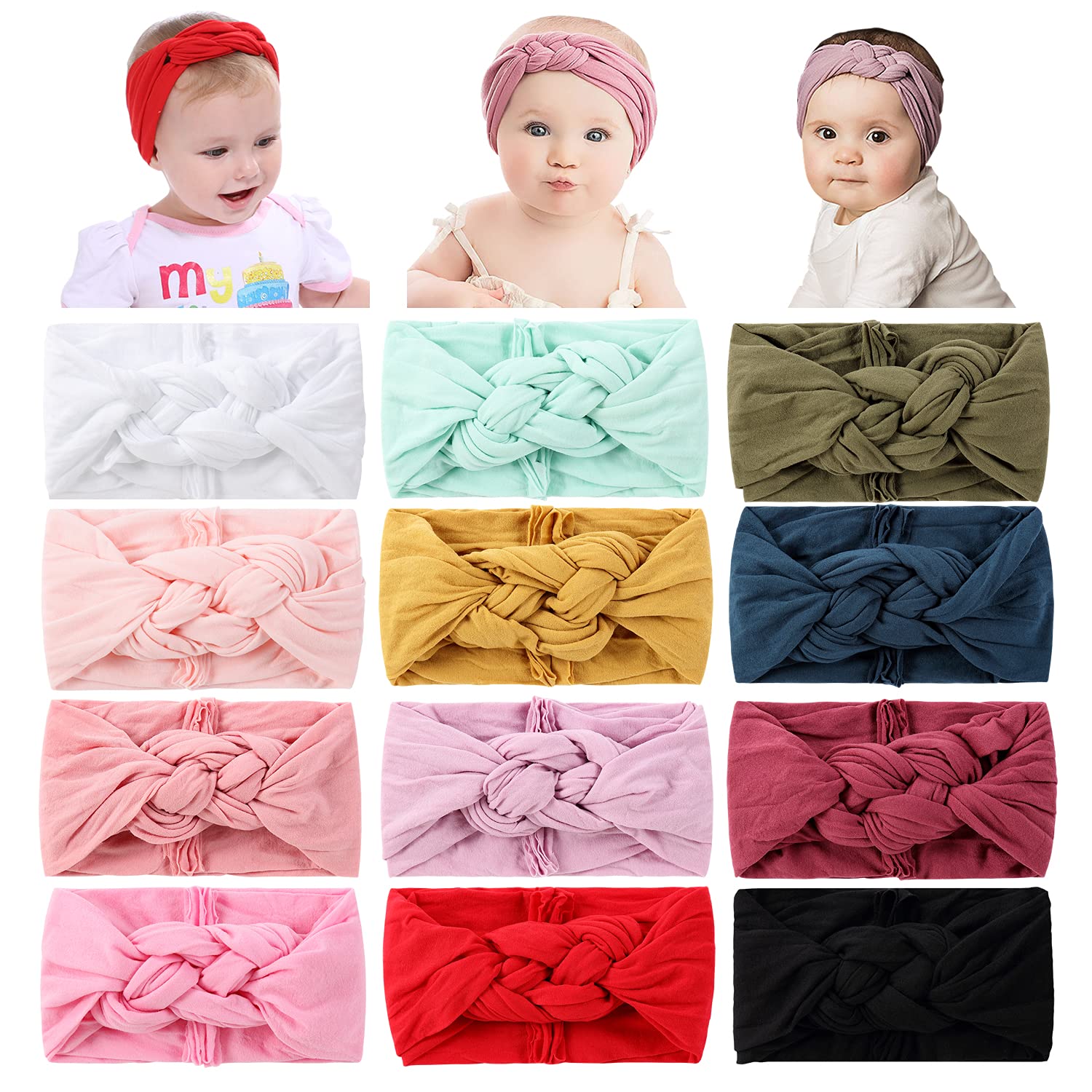 Cinaci 12 Pack Solid Super Stretchy Nylon Wide Celtic Knotted Headbands Headwrap Hair Accessories For Baby Girls Infants Toddler