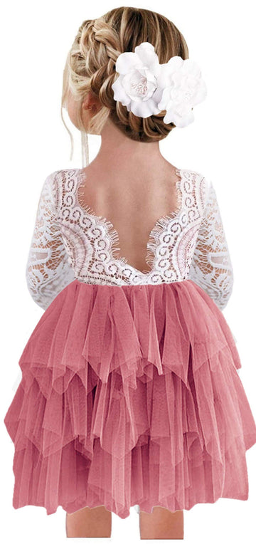 2Bunnies Girl Peony Lace Back A-Line Tiered Tutu Tulle Flower Girl Dress (Dusty Rose Sleeve Short, 3T)