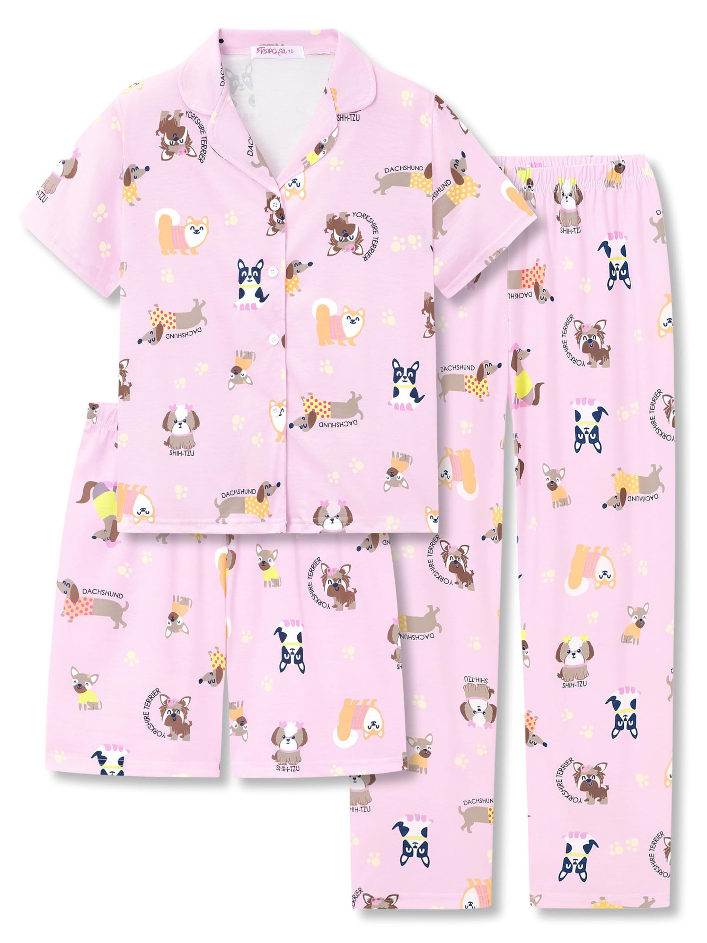 Topgal 3Pieces Coat Style Pajamas for Girls  Bows Puppy Graphic Print Kids Short Sleeves & Shorts Pants PJS Size 618, Puppy 
